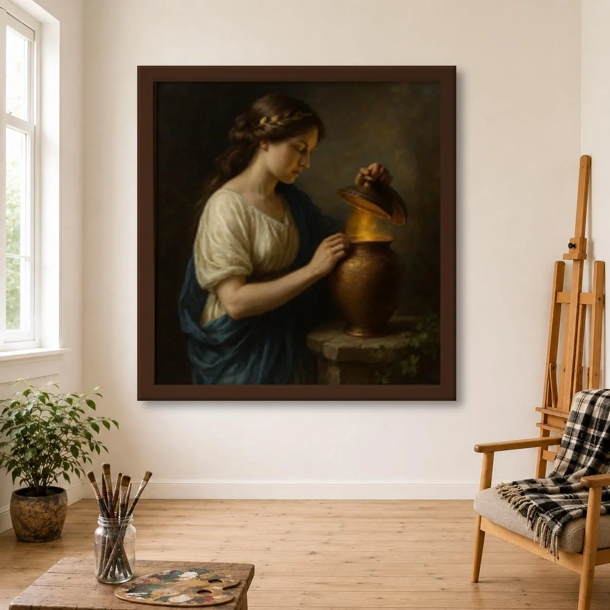 Pandora Oil Painting, Hand Painted Woman Opening the Golden Jar on Canvas, Greek Mythology Wall Art, Classical Portrait