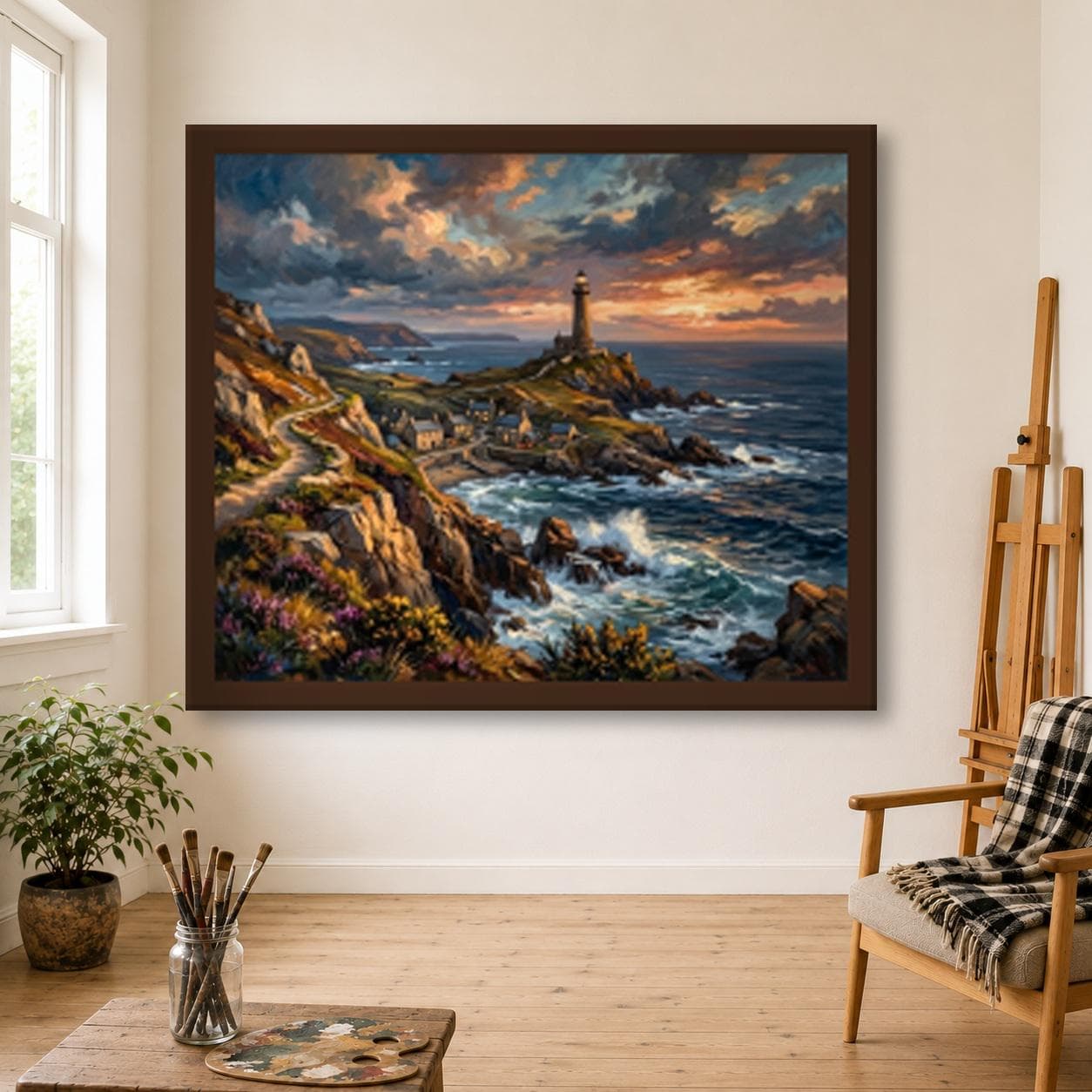Lighthouse Oil Painting, Hand Painted Headland Village and Stormy Sea at Sunset on Canvas, Coastal Wall Art, Nautical Decor