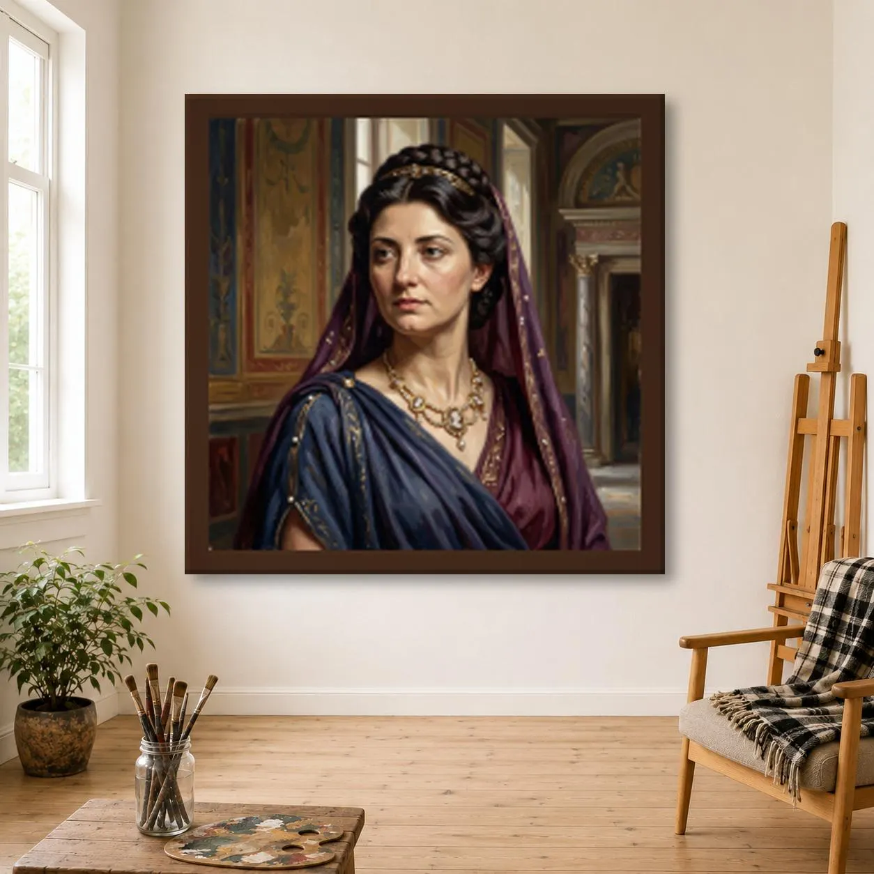 Livia Oil Painting, Hand Painted Roman Empress in a Purple Mantle in Her Villa on Canvas, Ancient Rome Portrait Wall Art