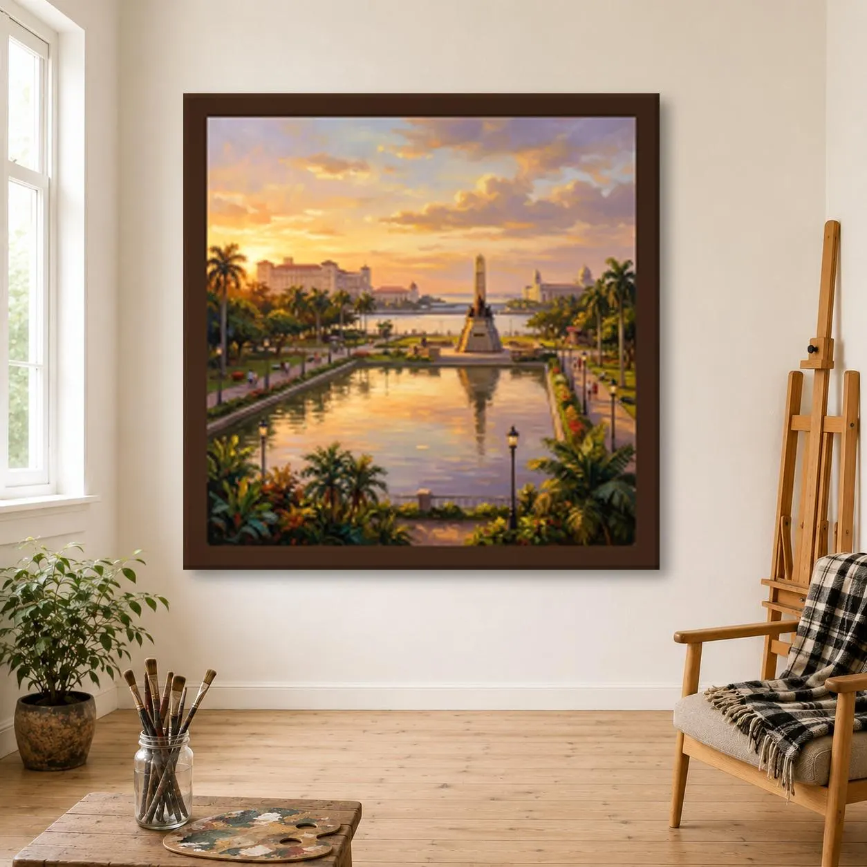 Rizal Park Oil Painting, Hand Painted Luneta Lagoon and Monument at Golden Hour on Canvas, Manila Philippines Wall Art