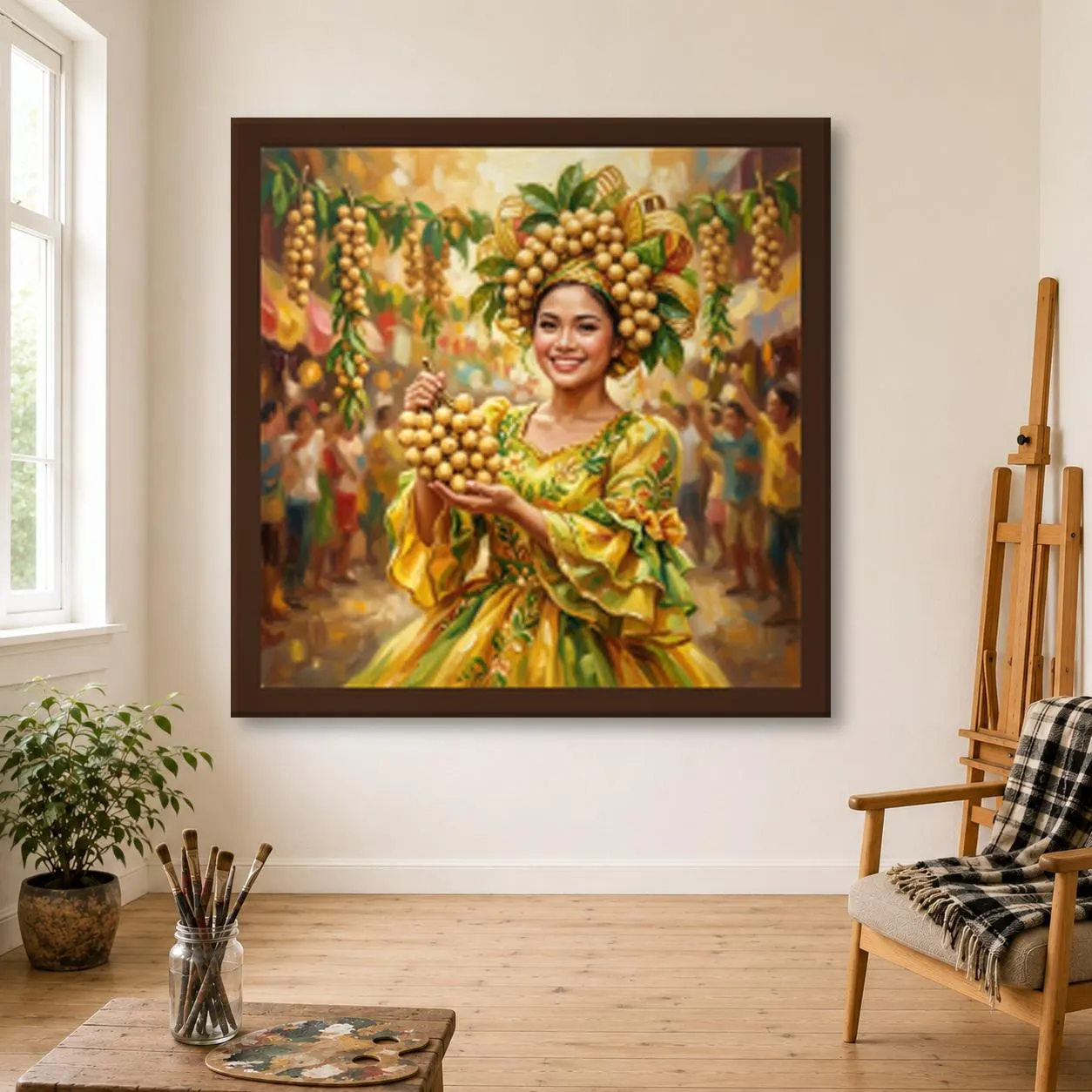 Lanzones Festival Oil Painting, Hand Painted Filipina Dancer With a Crown of Lanzones Fruit on Canvas, Philippines Art