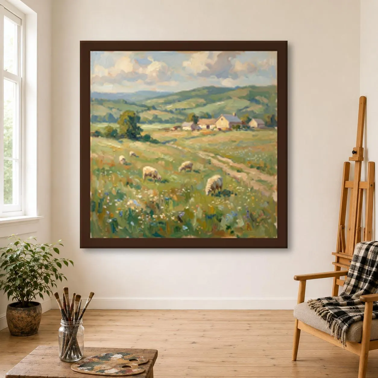 Countryside Oil Painting, Hand Painted Sheep Grazing a Wildflower Meadow Below a Farmhouse on Canvas, Pastoral Wall Art