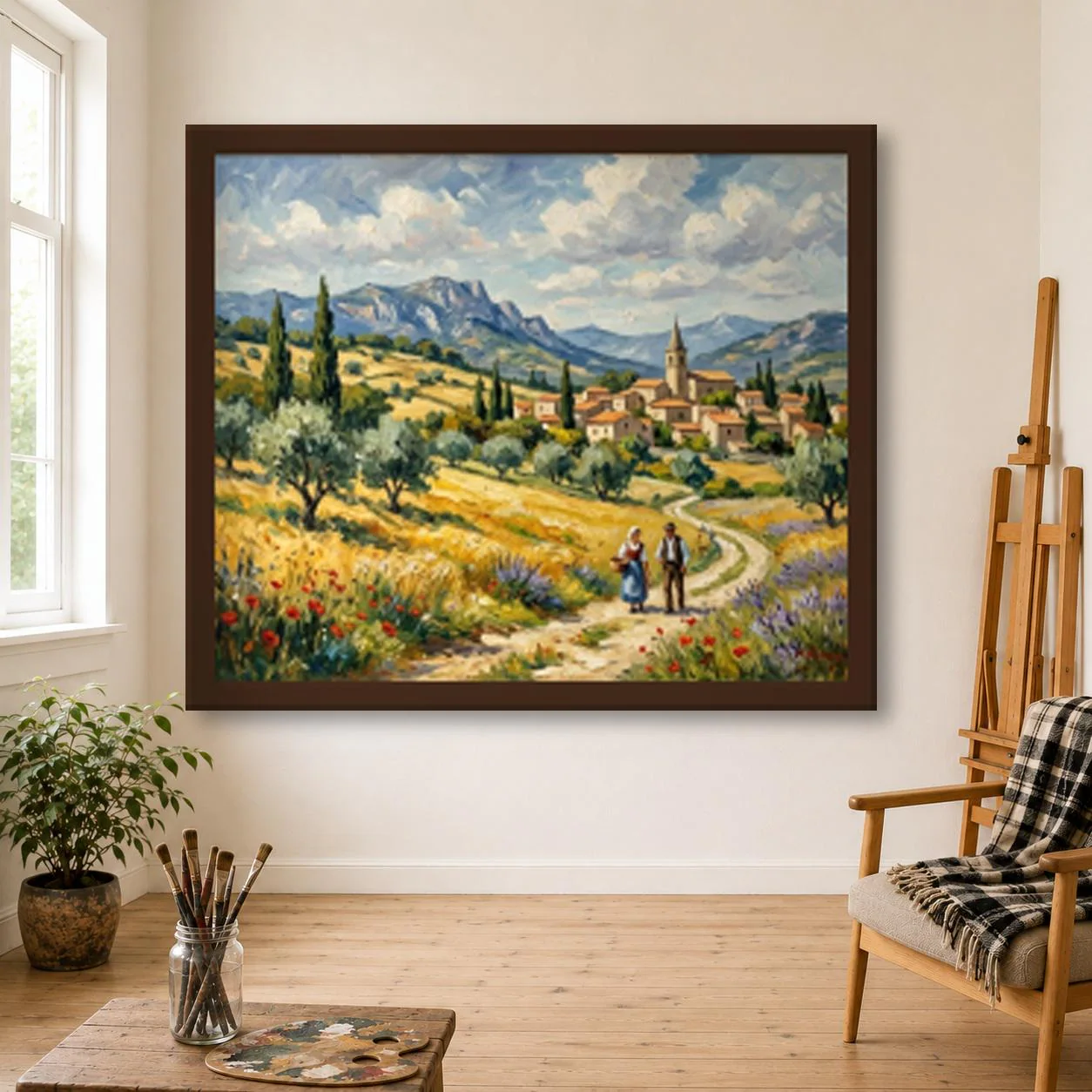 Provence Oil Painting, Hand Painted Hilltop Village With Cypresses, Olives and Poppies on Canvas, France Countryside Art