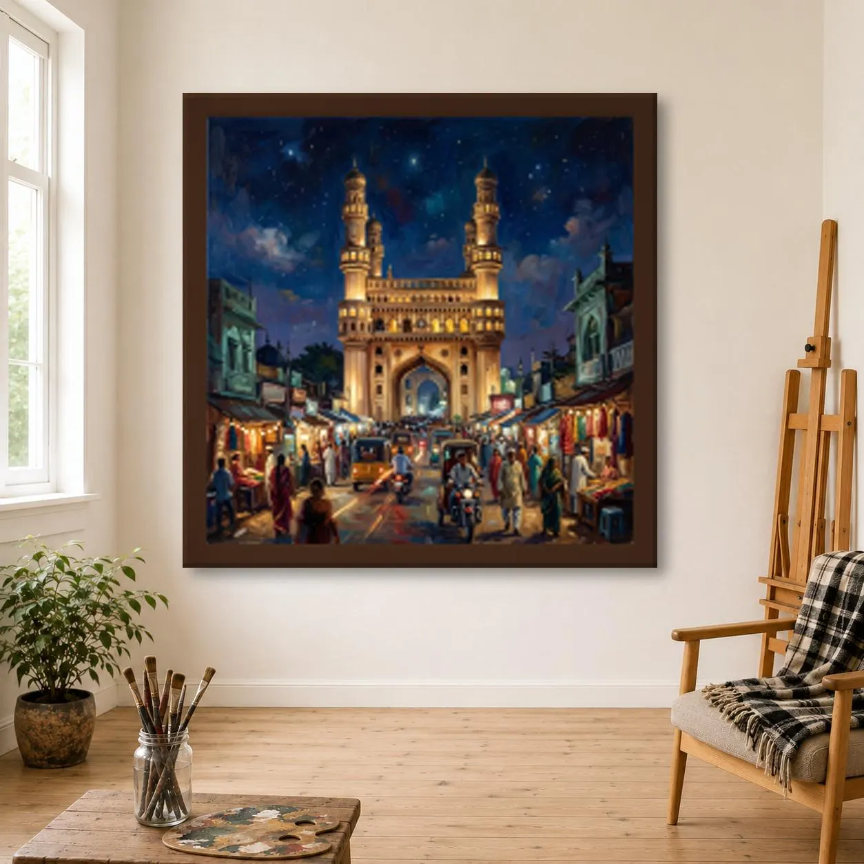 Charminar Oil Painting, Hand Painted Hyderabad Monument Lit at Night Above the Bazaar on Canvas, India Travel Wall Art