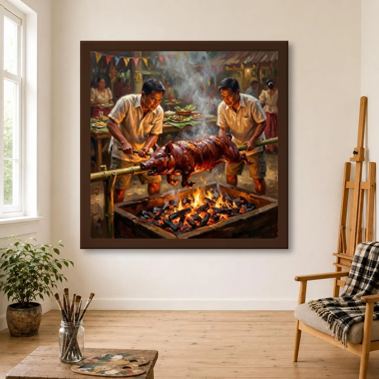 Lechon Oil Painting, Hand Painted Filipino Roast Pig Over the Coals at a Fiesta on Canvas, Philippines Kitchen Wall Art