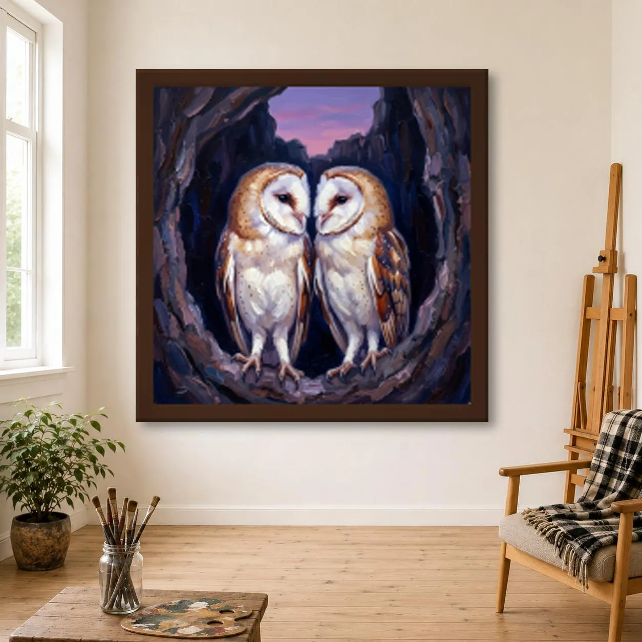 Barn Owl Oil Painting, Hand Painted Nesting Pair of Barn Owls in a Hollow Tree at Twilight on Canvas, Bird Wall Art