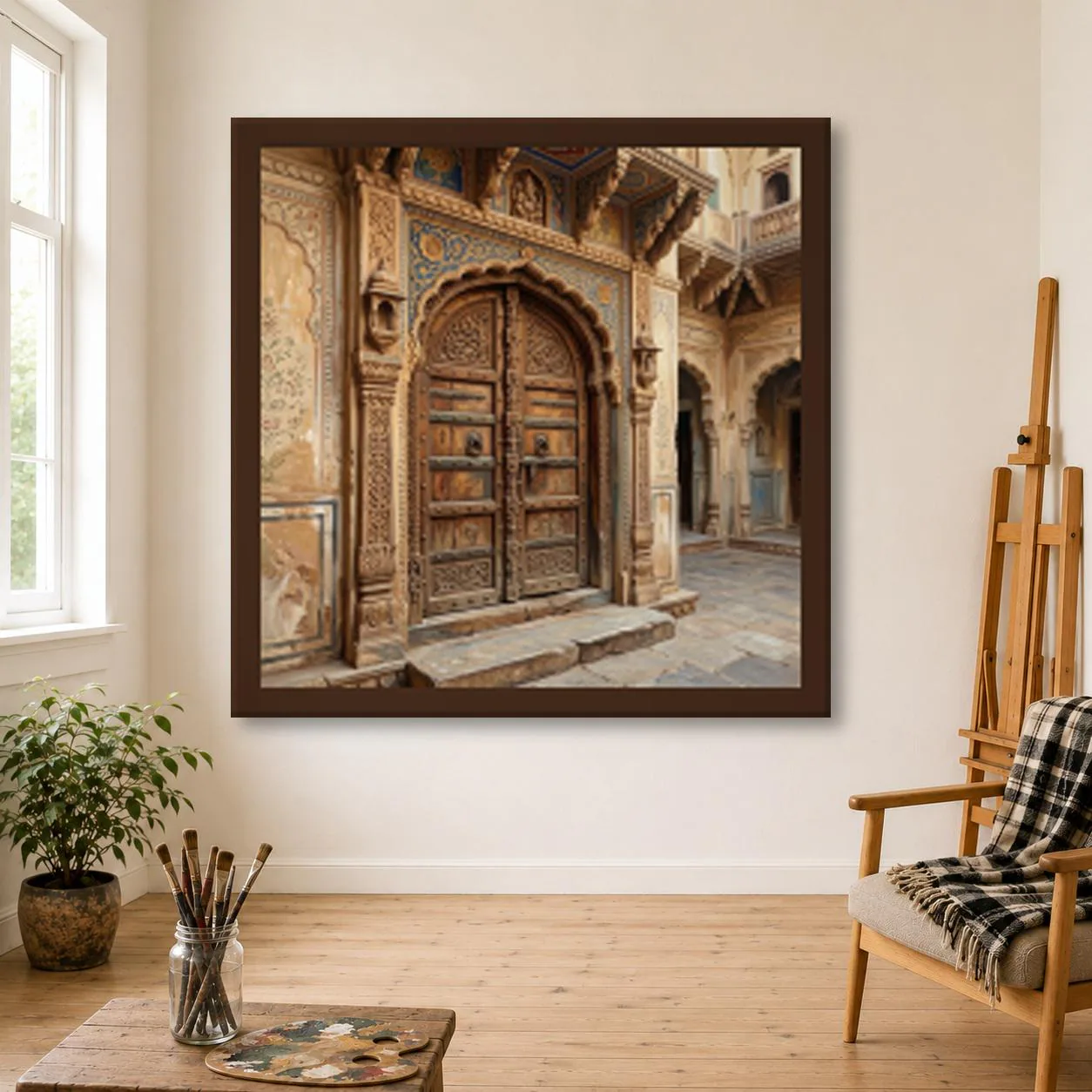 Haveli Door Oil Painting, Hand Painted Carved Wooden Doorway in a Painted Rajasthan Courtyard on Canvas, India Wall Art