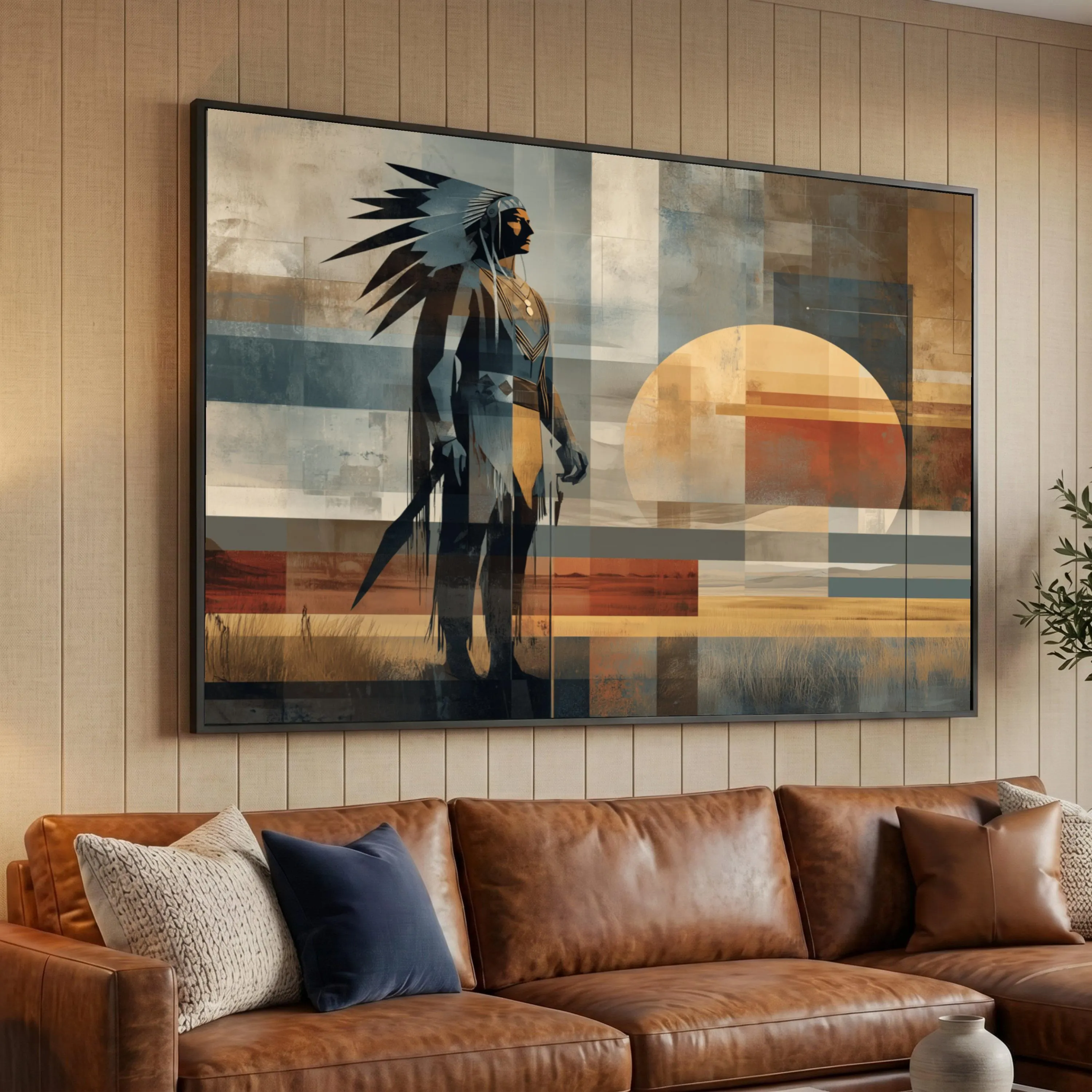 Native American Chief Silhouette Canvas, Abstract Southwestern Wall Art, Sunset Landscape Canvas, Tribal Culture Decoration, Modern Home