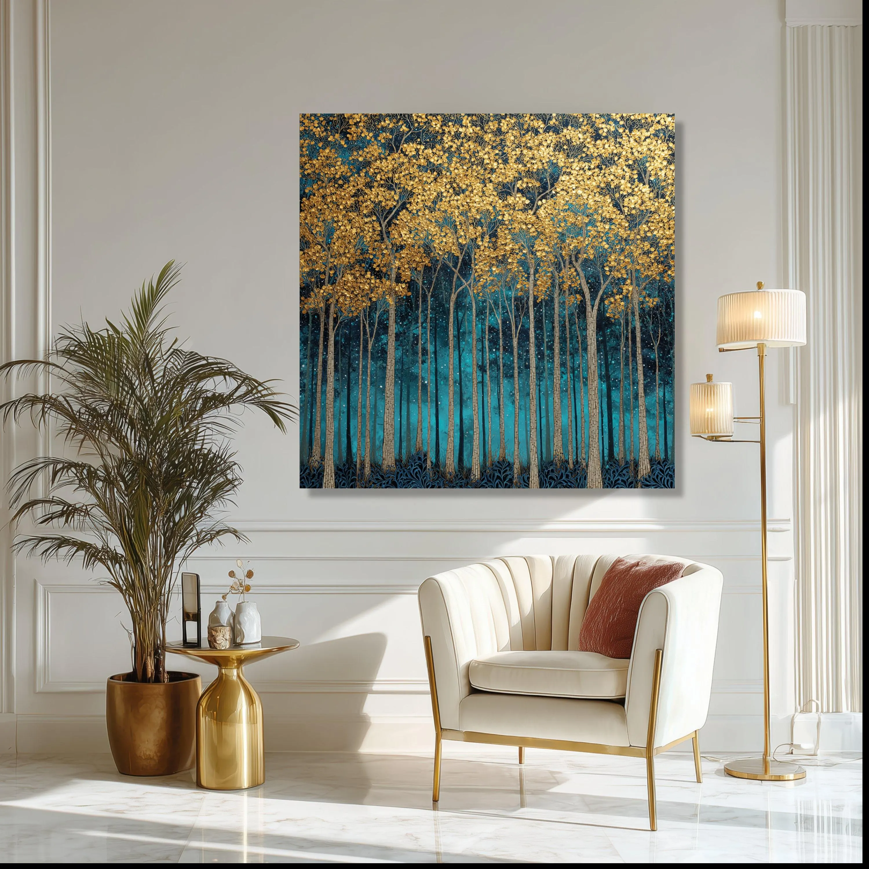 Golden Autumn Trees Canvas Print, Blue Forest Wall Art, Tall Landscape Decoration - image 5