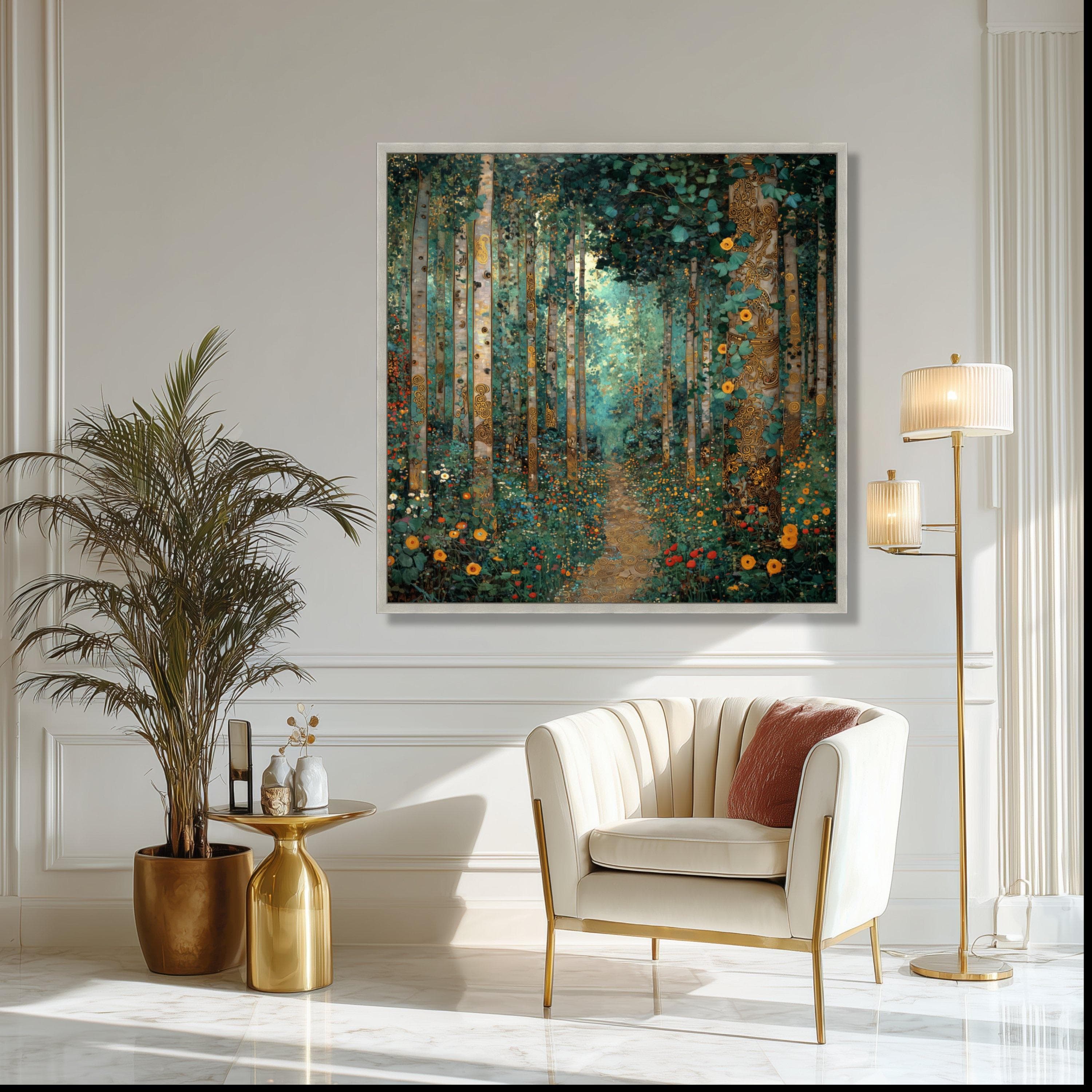 Enchanted Forest Pathway Canvas, Gustav Klimt Floral Art, Nature Trees Landscape Wall Decoration - image 5