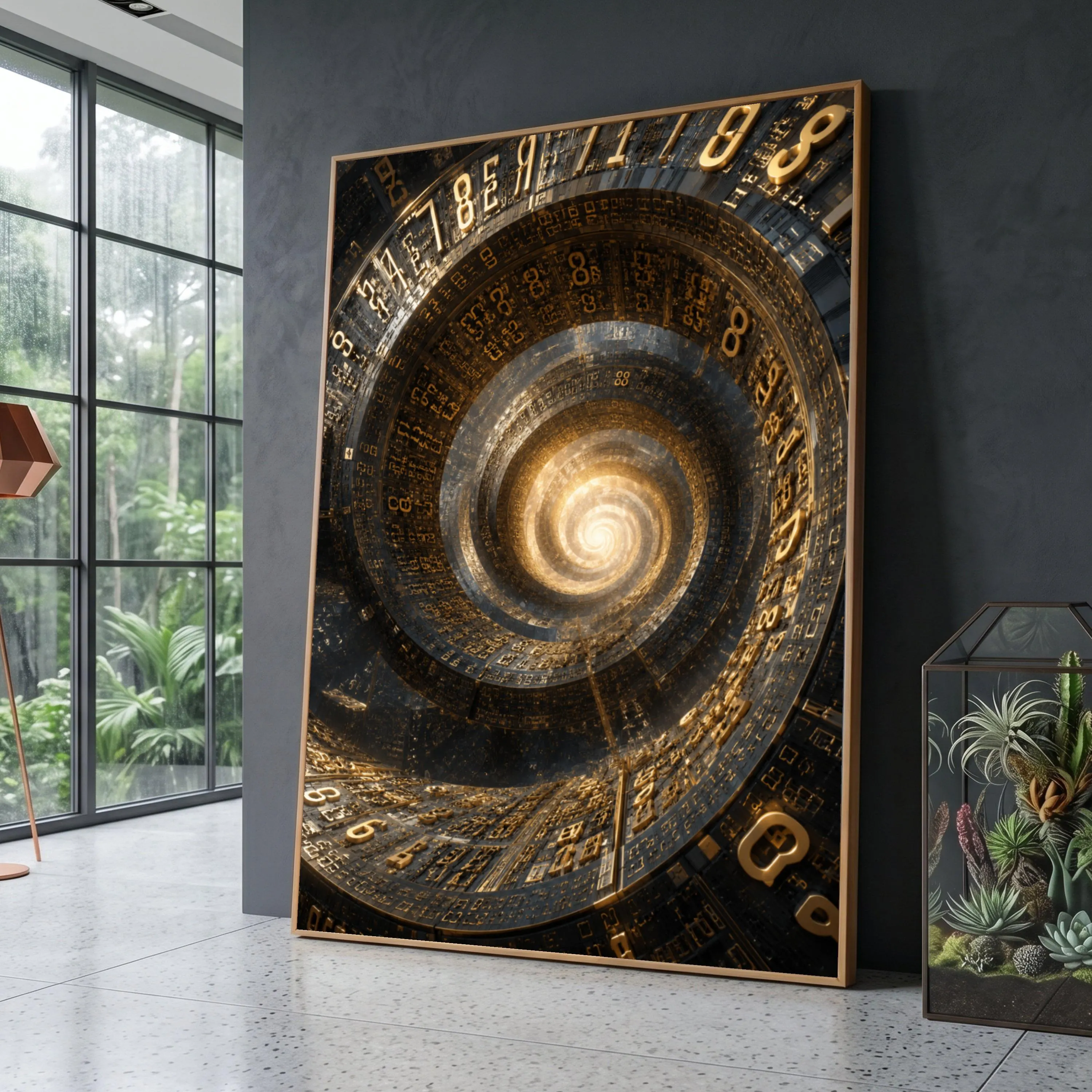 Large Spiral Numbers Canvas Print, Abstract Numeral Art, Golden Vortex Wall Art