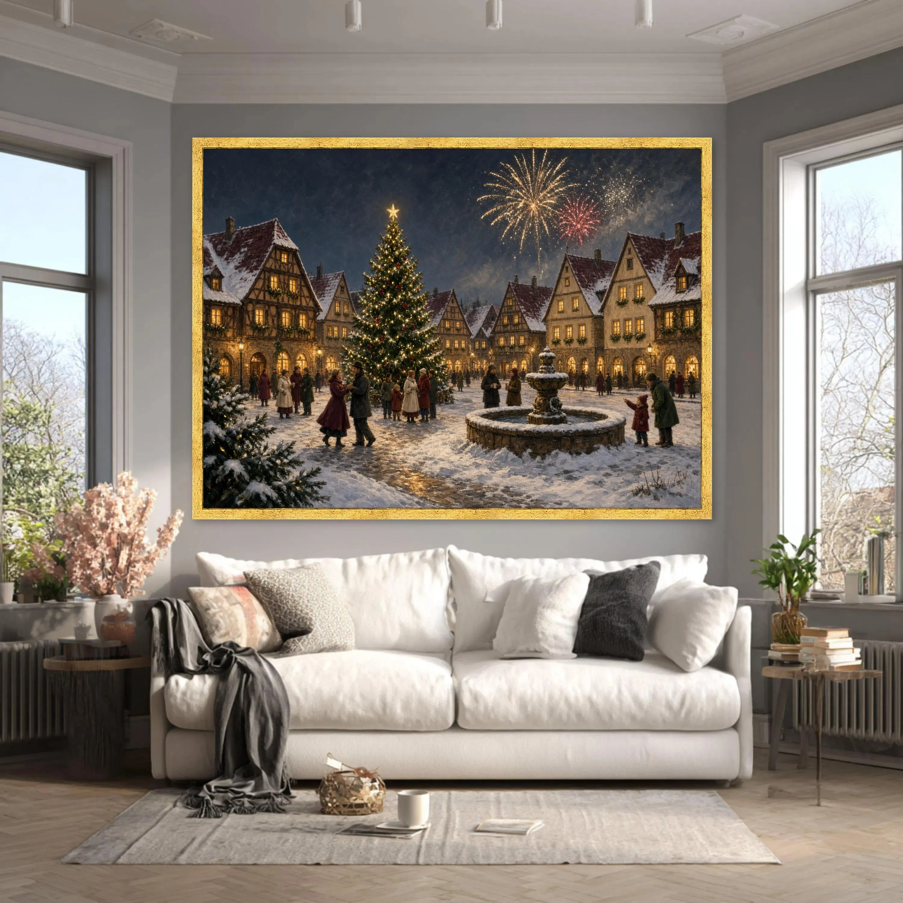 Charming Winter Village Canvas Print, Festive Christmas Scene with Snow, Tree, and Fireworks for Cozy Holiday Decor, winter village art - image 5