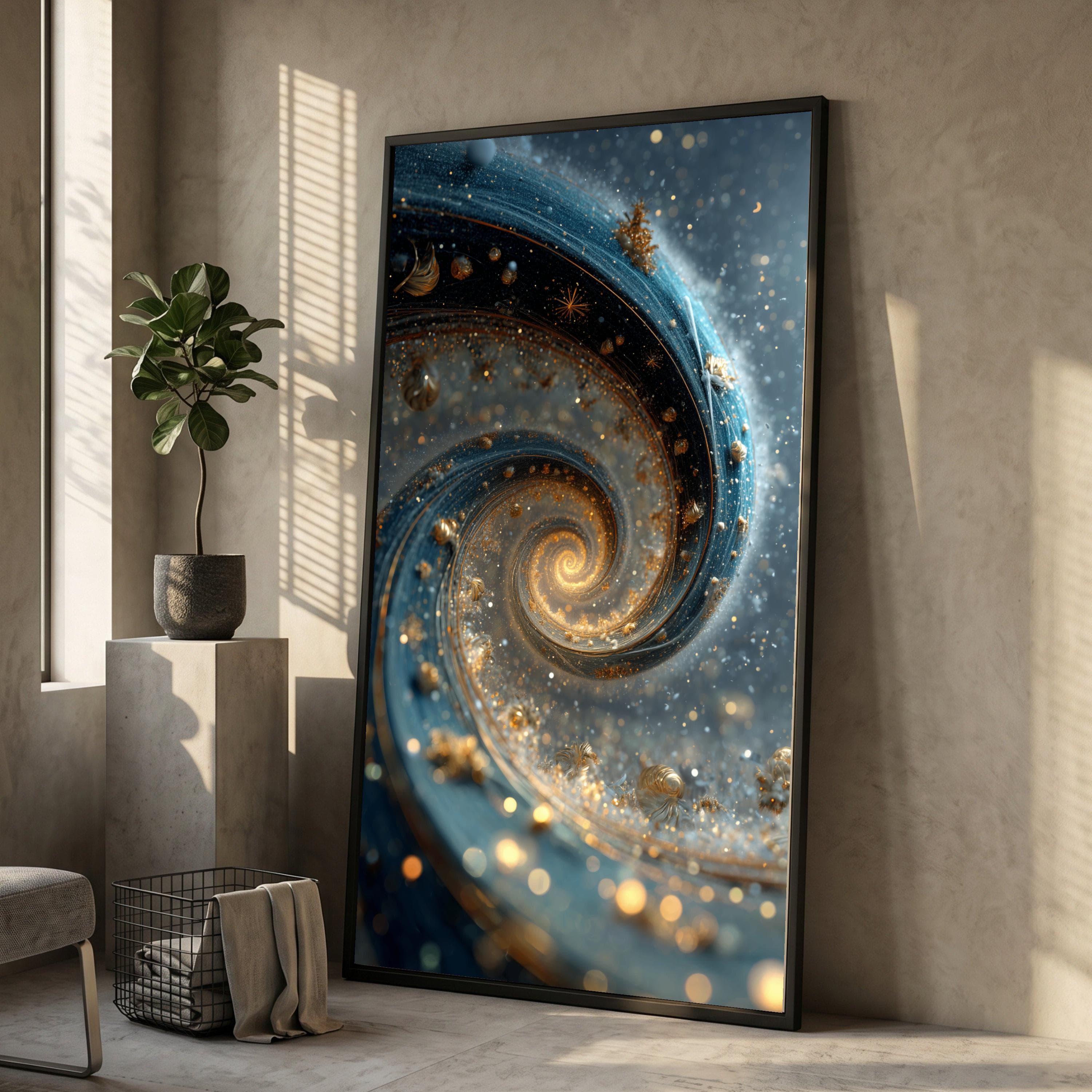 Large Spiral Galaxy Canvas Print, Abstract Cosmic Swirl Art, Gold Blue Wall Decor