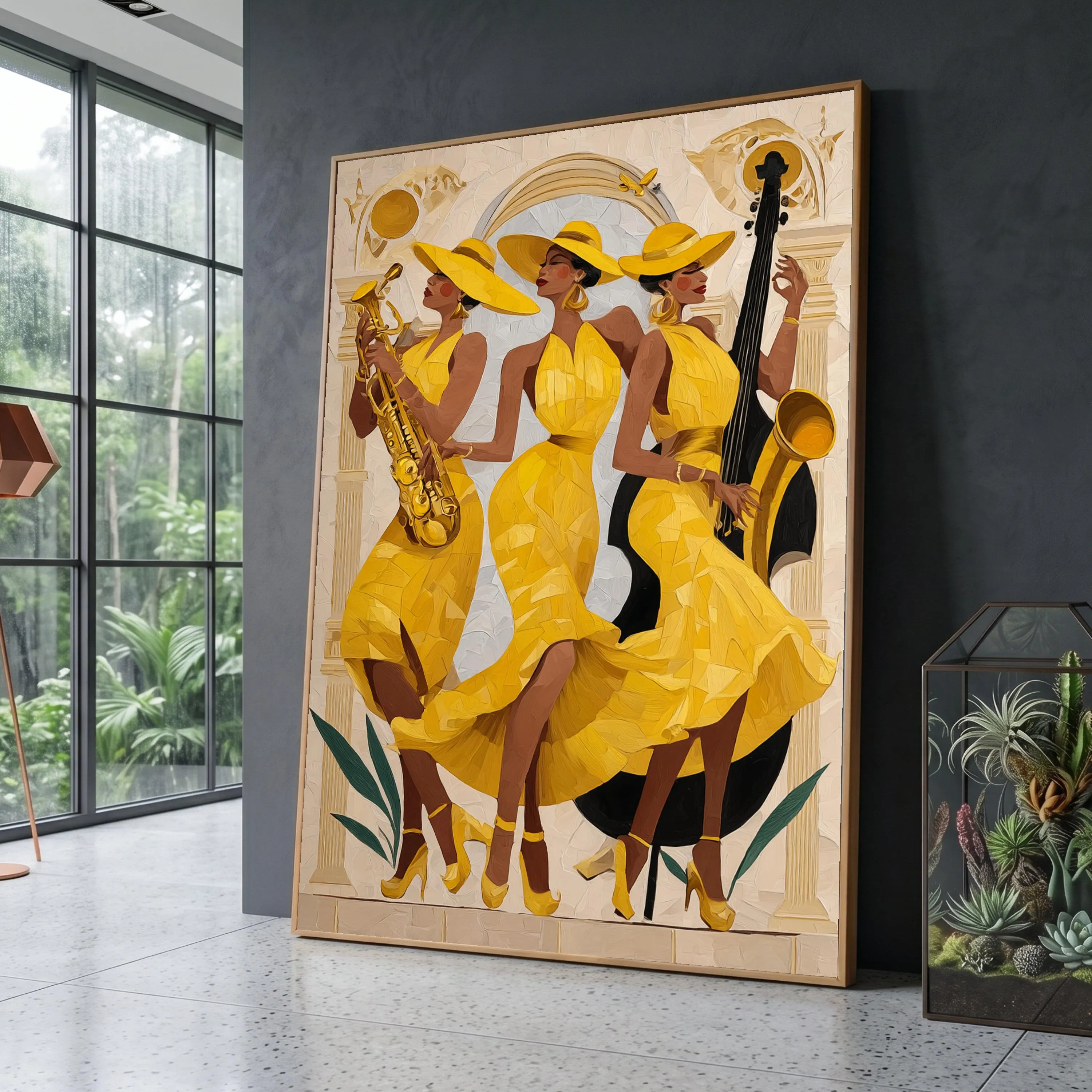 Yellow Jazz Trio Canvas Art, Women Musicians, Modern Fashion Wall Decor