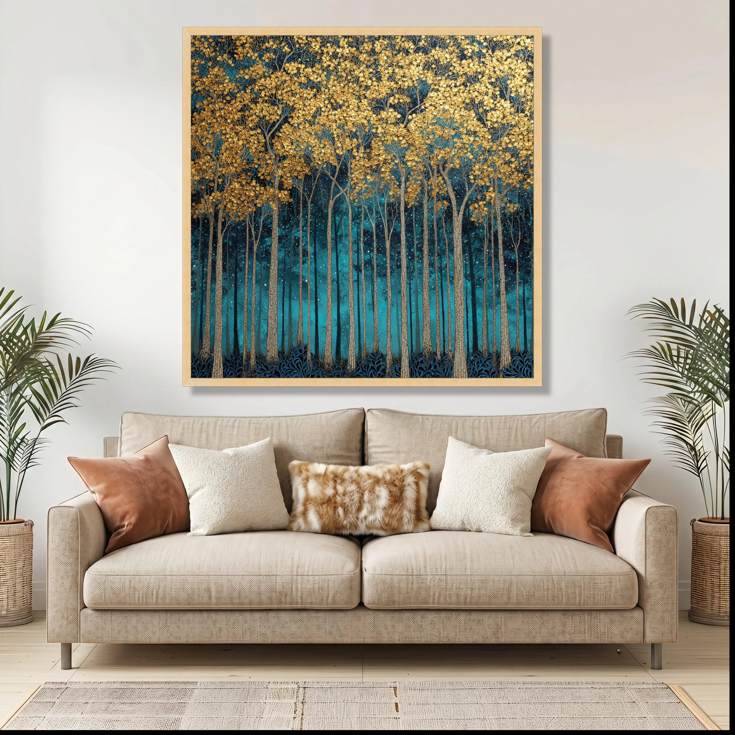 Golden Autumn Trees Canvas Print, Blue Forest Wall Art, Tall Landscape Decoration - image 4
