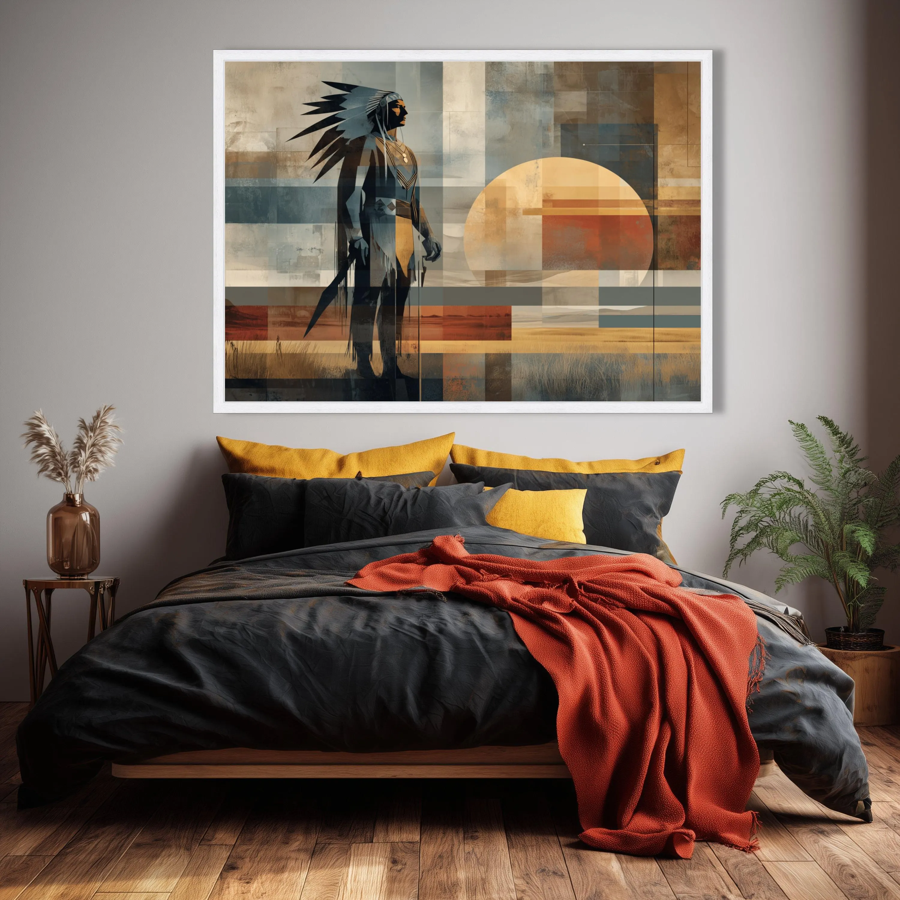Native American Chief Silhouette Canvas, Abstract Southwestern Wall Art, Sunset Landscape Canvas, Tribal Culture Decoration, Modern Home - image 4