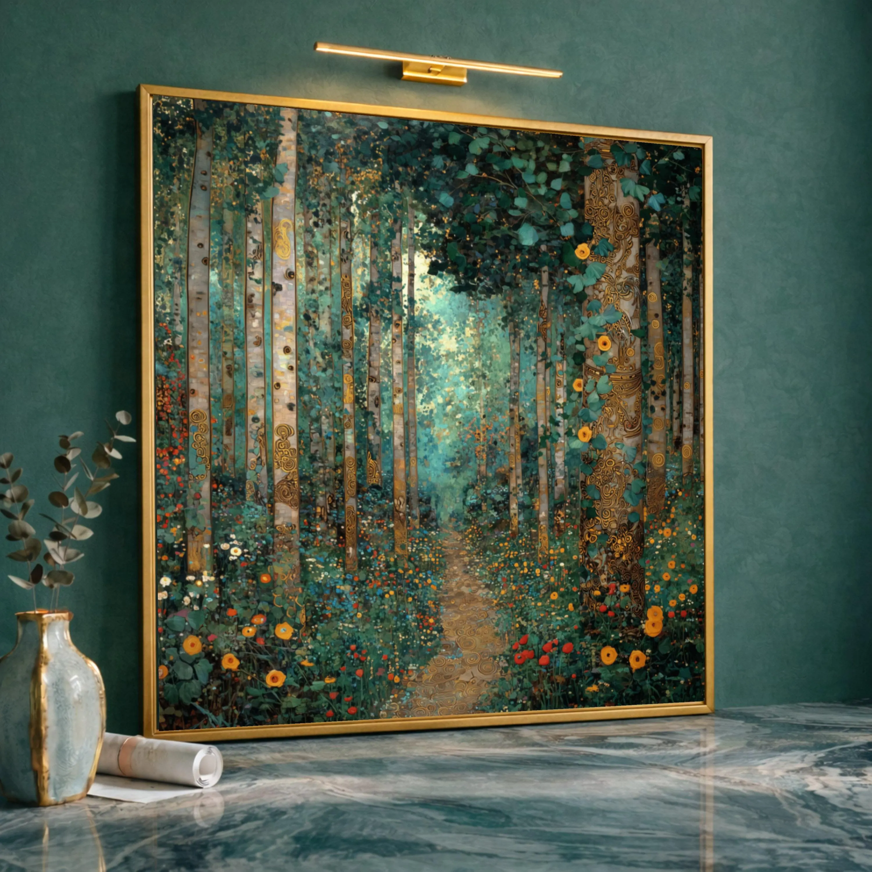 Enchanted Forest Pathway Canvas, Gustav Klimt Floral Art, Nature Trees Landscape Wall Decoration