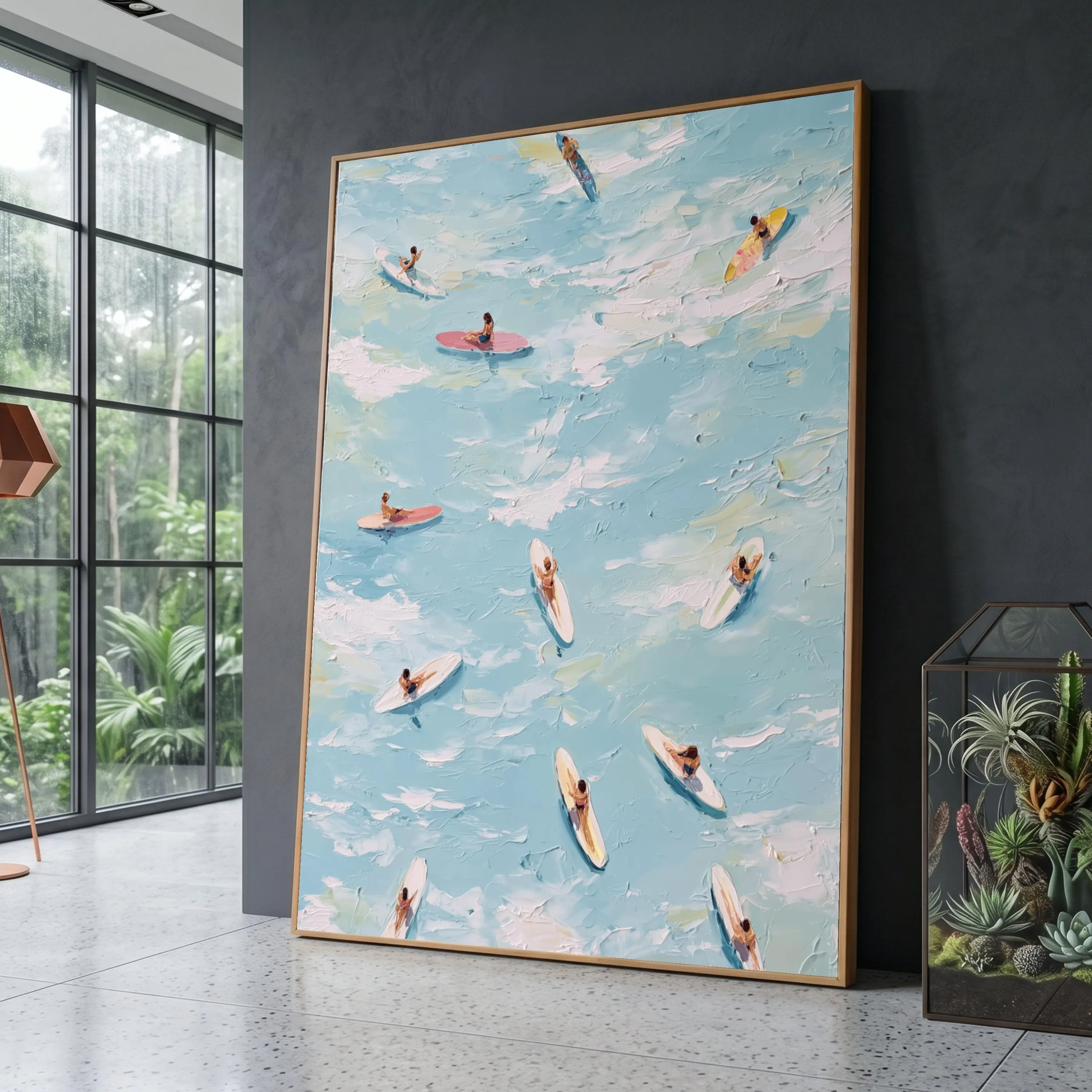 Surfers on Blue Ocean Waves Canvas Art, Beach Water Sports Painting, Coastal Summer Vibes