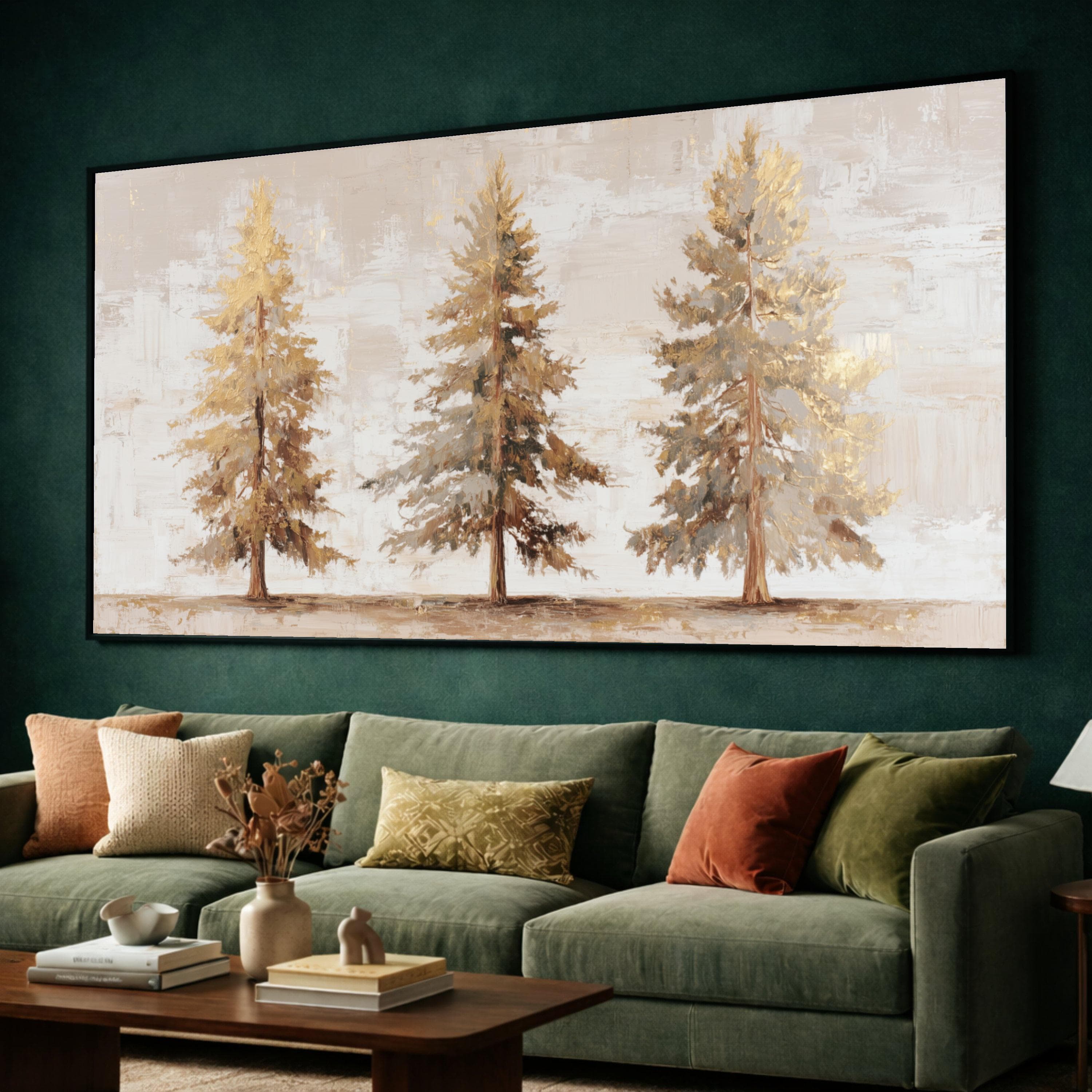 Golden Pine Trees Canvas Art, Neutral Forest Landscape, Rustic Home Decor