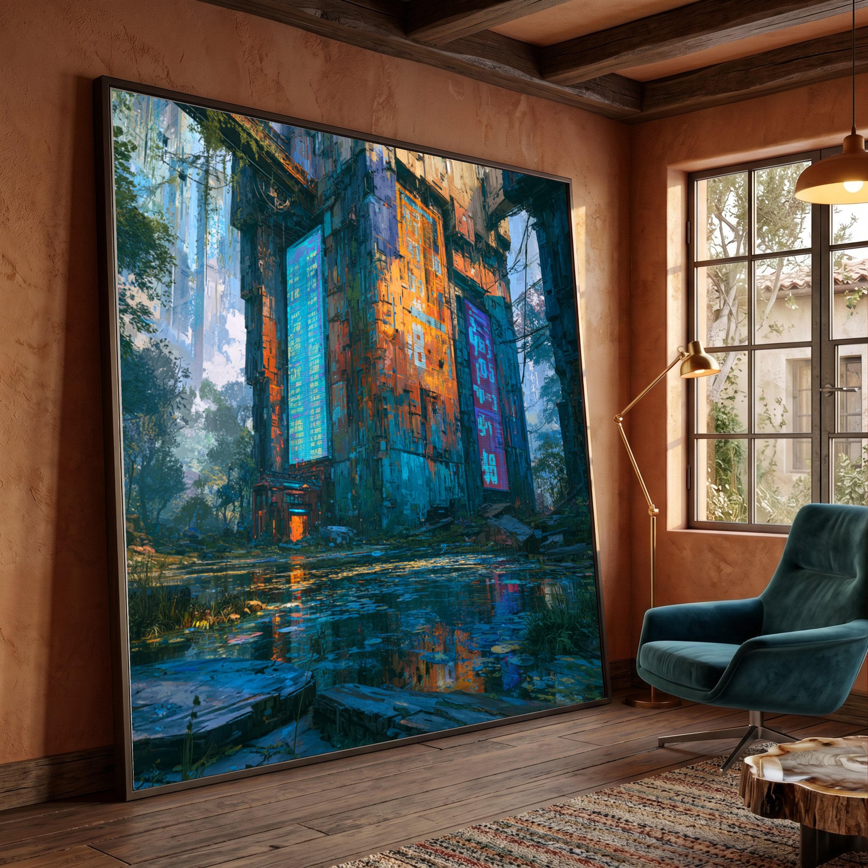 Cyberpunk Cityscape Canvas Print, Futuristic Neon Wall Art, Vibrant Digital Painting