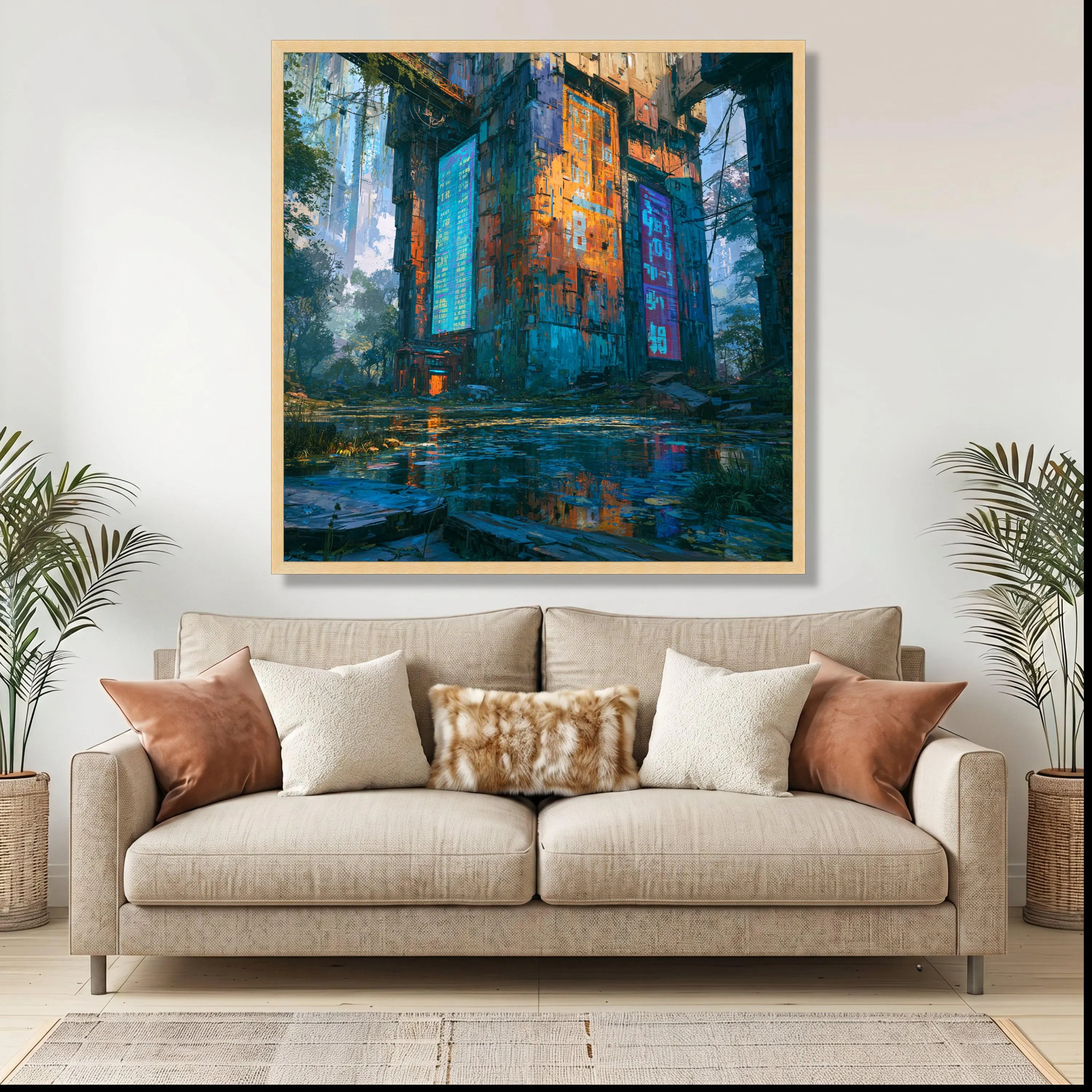 Cyberpunk Cityscape Canvas Print, Futuristic Neon Wall Art, Vibrant Digital Painting - image 4