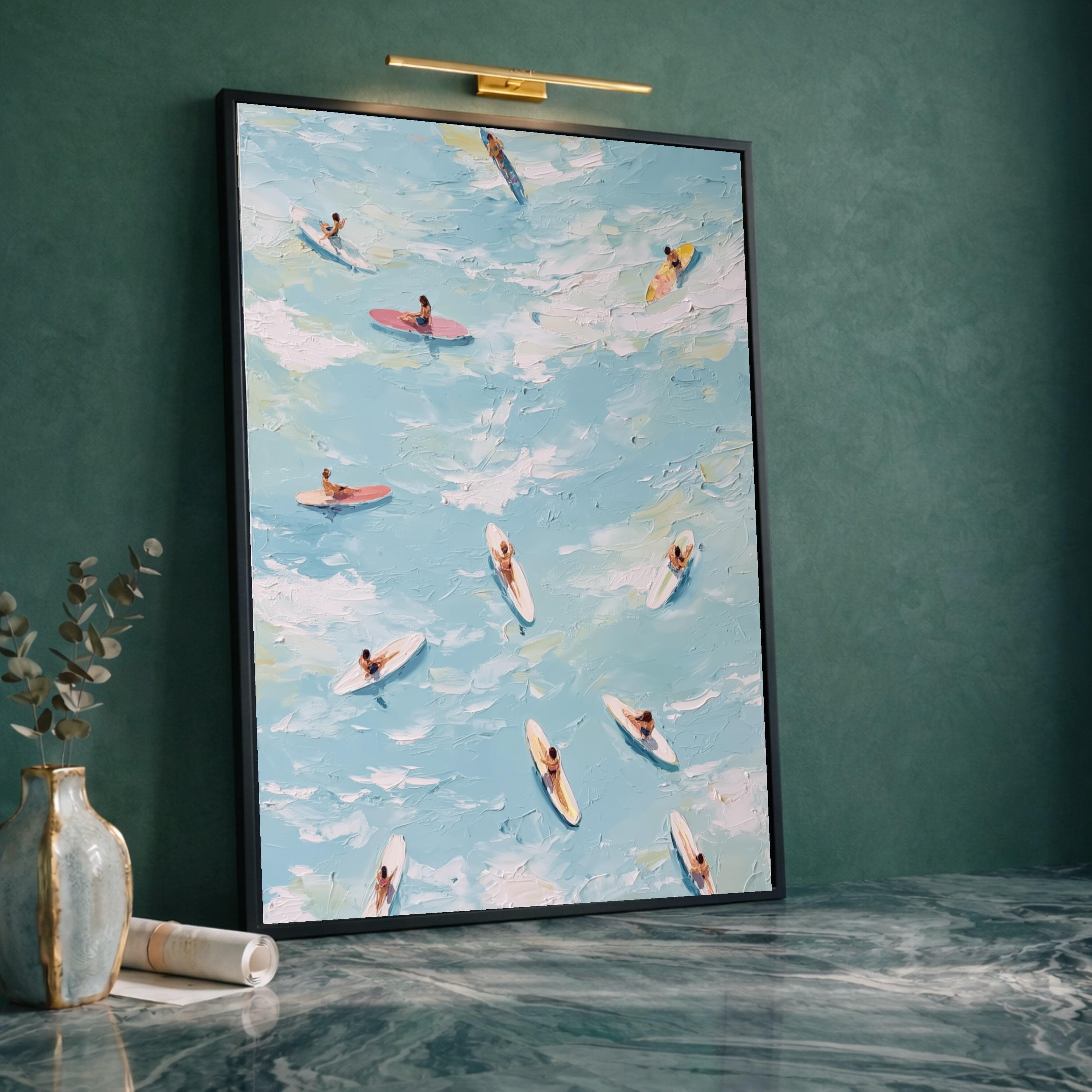 Surfers on Blue Ocean Waves Canvas Art, Beach Water Sports Painting, Coastal Summer Vibes - image 3