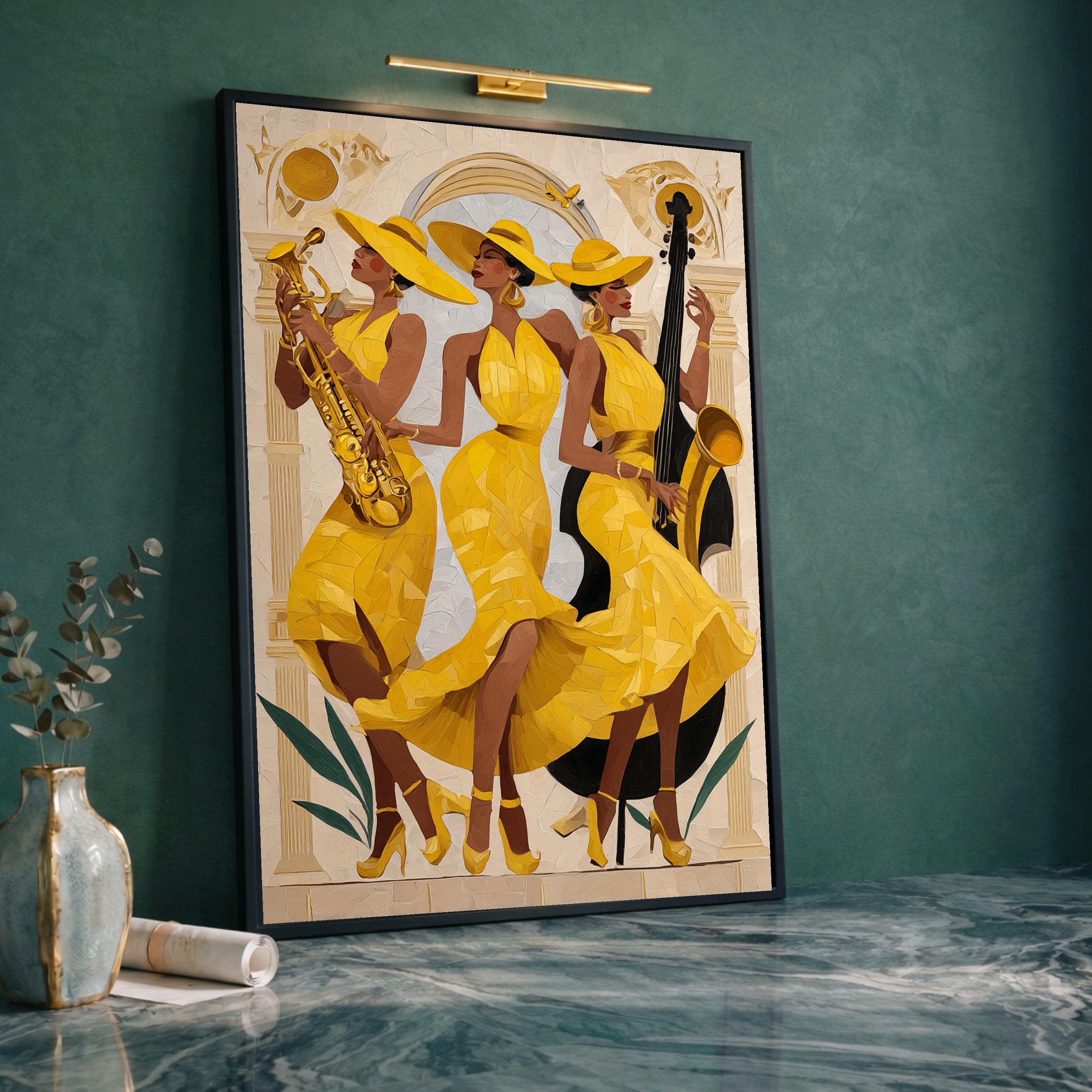 Yellow Jazz Trio Canvas Art, Women Musicians, Modern Fashion Wall Decor - image 3