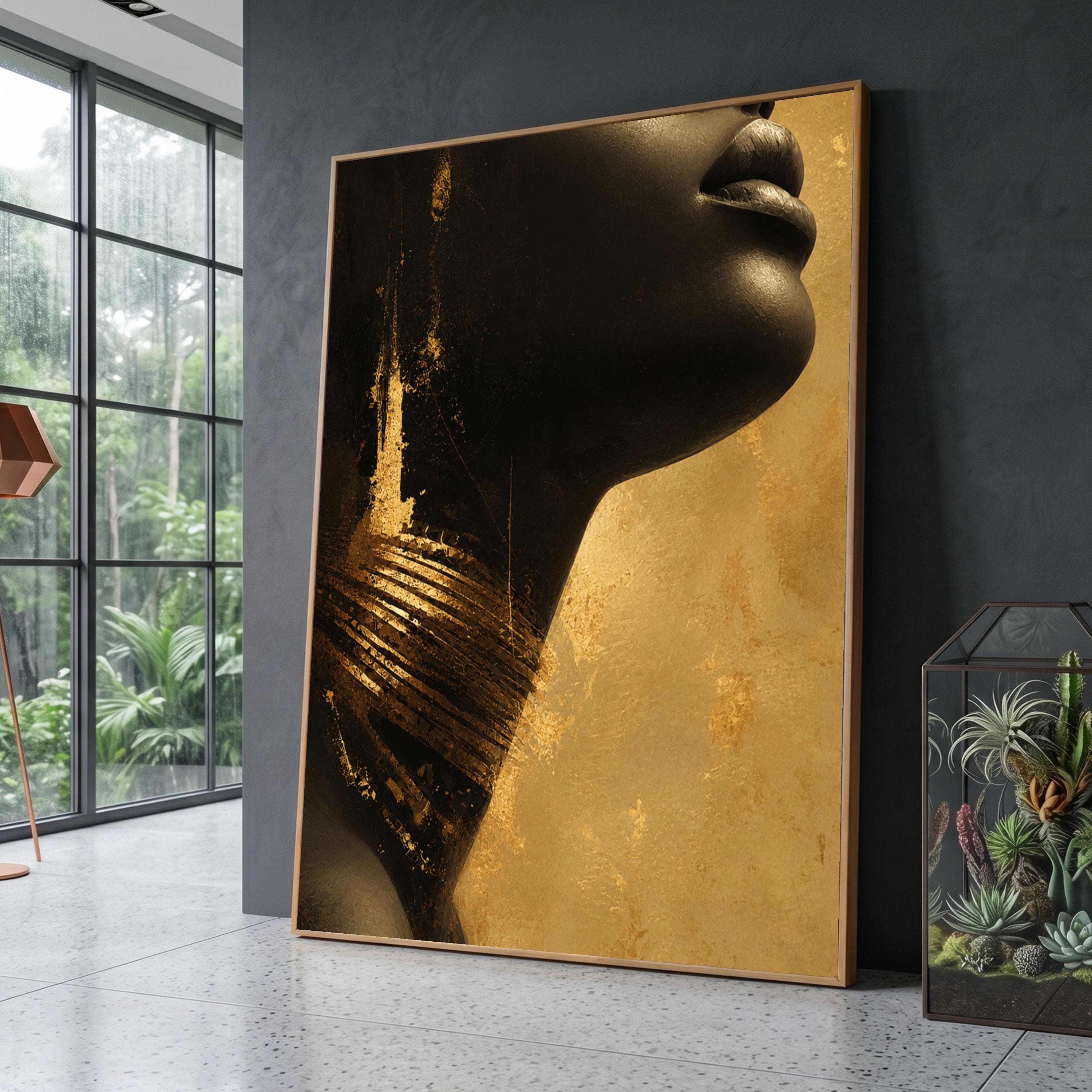 Large African Woman Profile Gold Portrait Canvas, Modern Black Woman Wall Art, Fine Print
