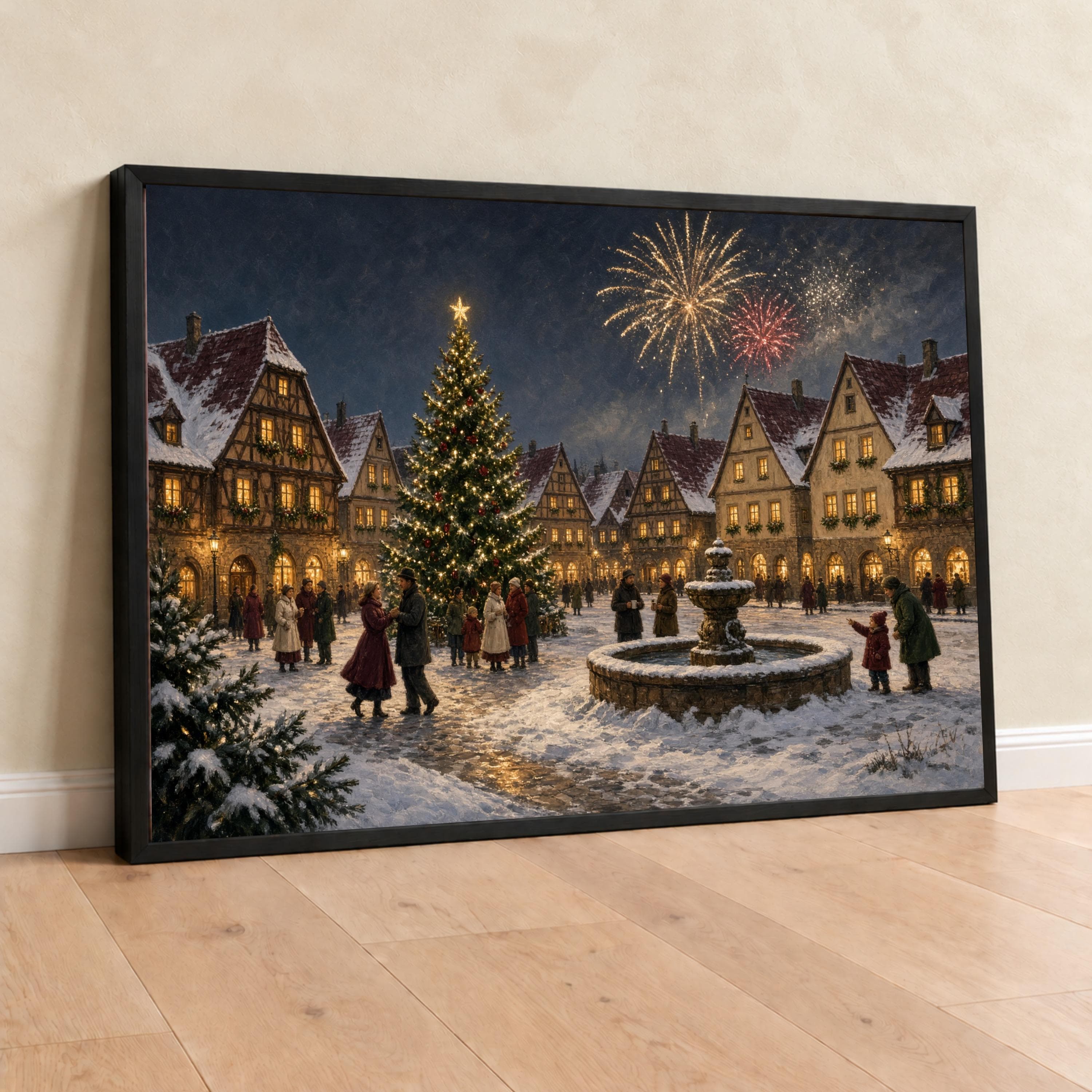 Charming Winter Village Canvas Print, Festive Christmas Scene with Snow, Tree, and Fireworks for Cozy Holiday Decor, winter village art