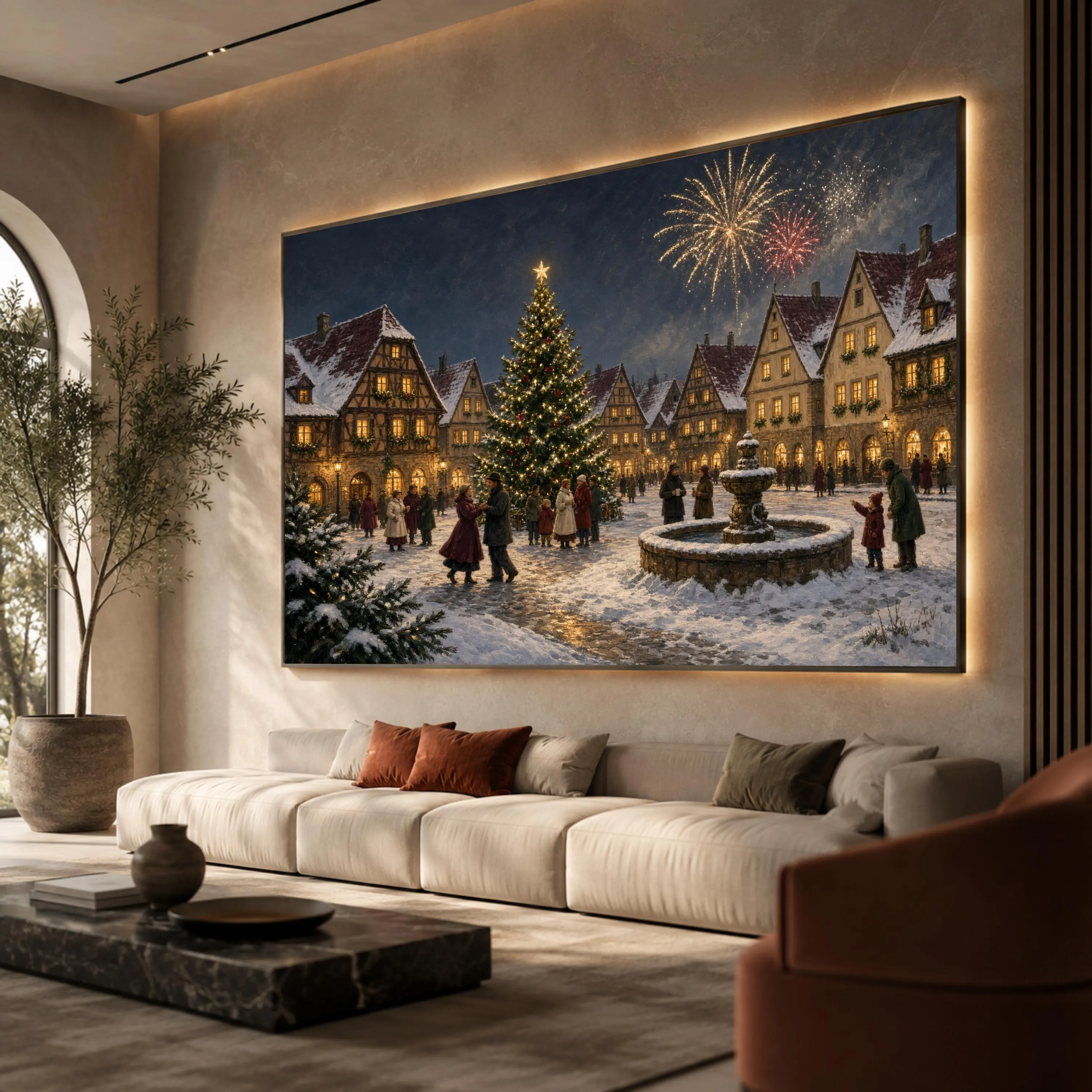 Charming Winter Village Canvas Print, Festive Christmas Scene with Snow, Tree, and Fireworks for Cozy Holiday Decor, winter village art - image 3