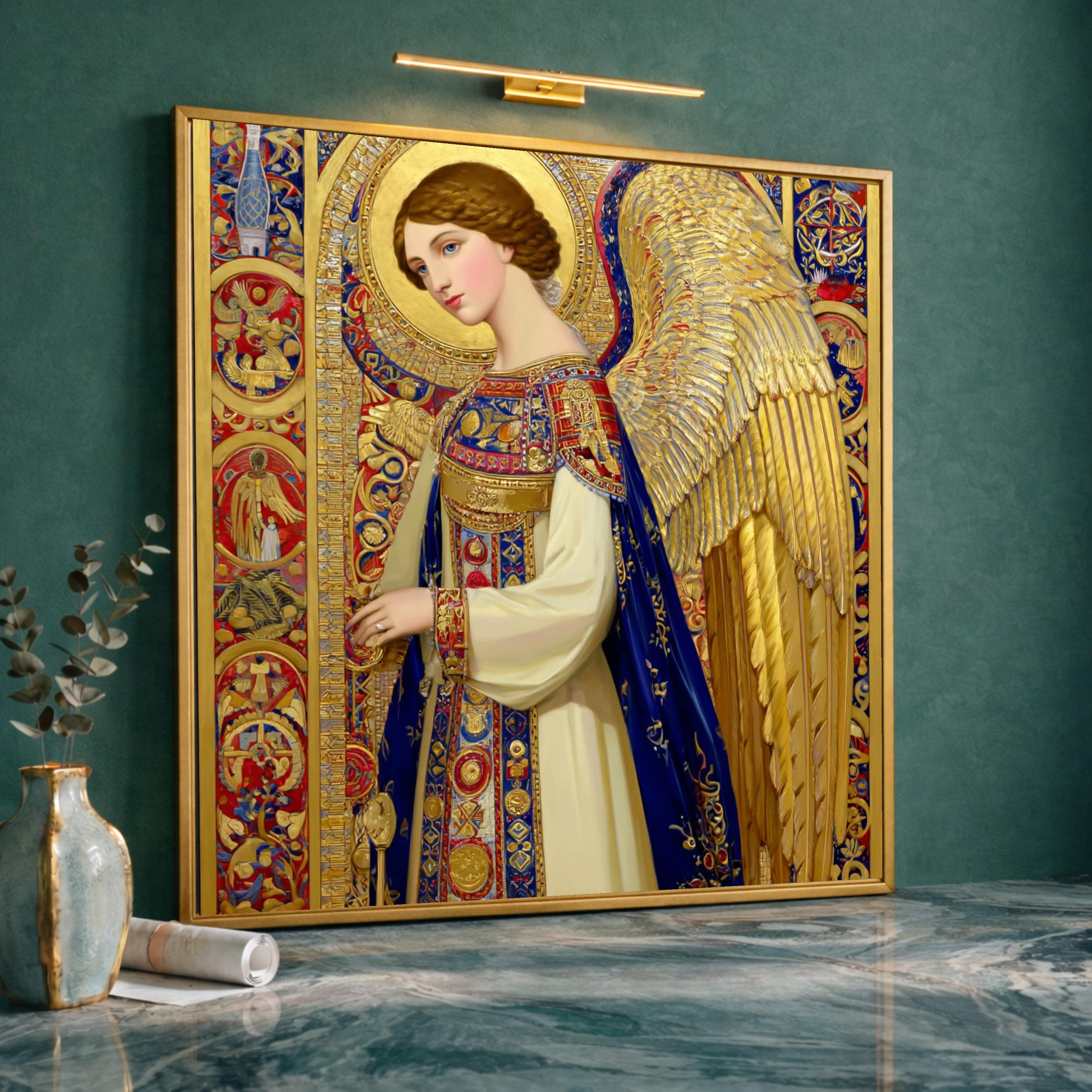 Golden Angel Canvas Art, Ornate Religious Icon Painting, Spiritual Home Decoration