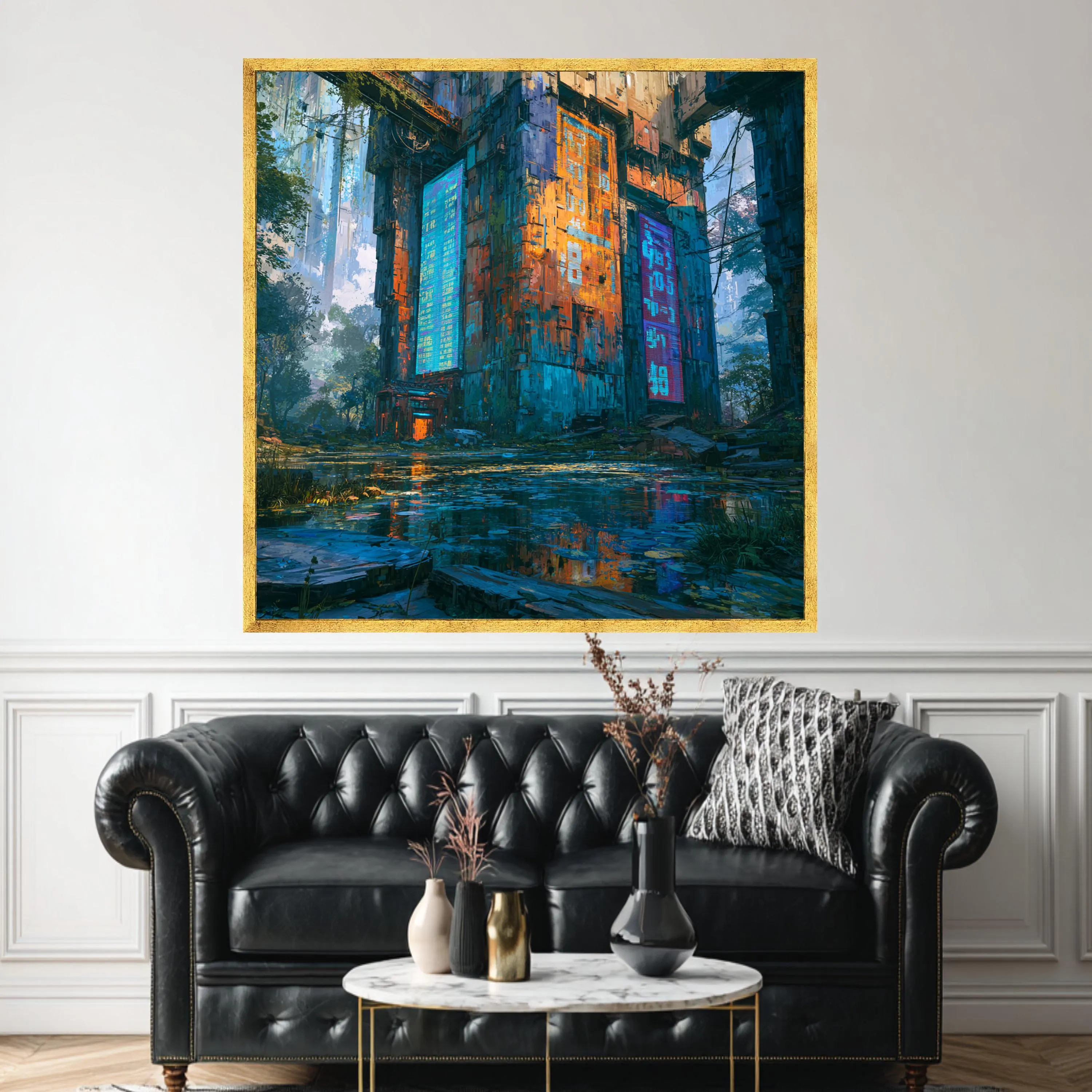 Cyberpunk Cityscape Canvas Print, Futuristic Neon Wall Art, Vibrant Digital Painting - image 3
