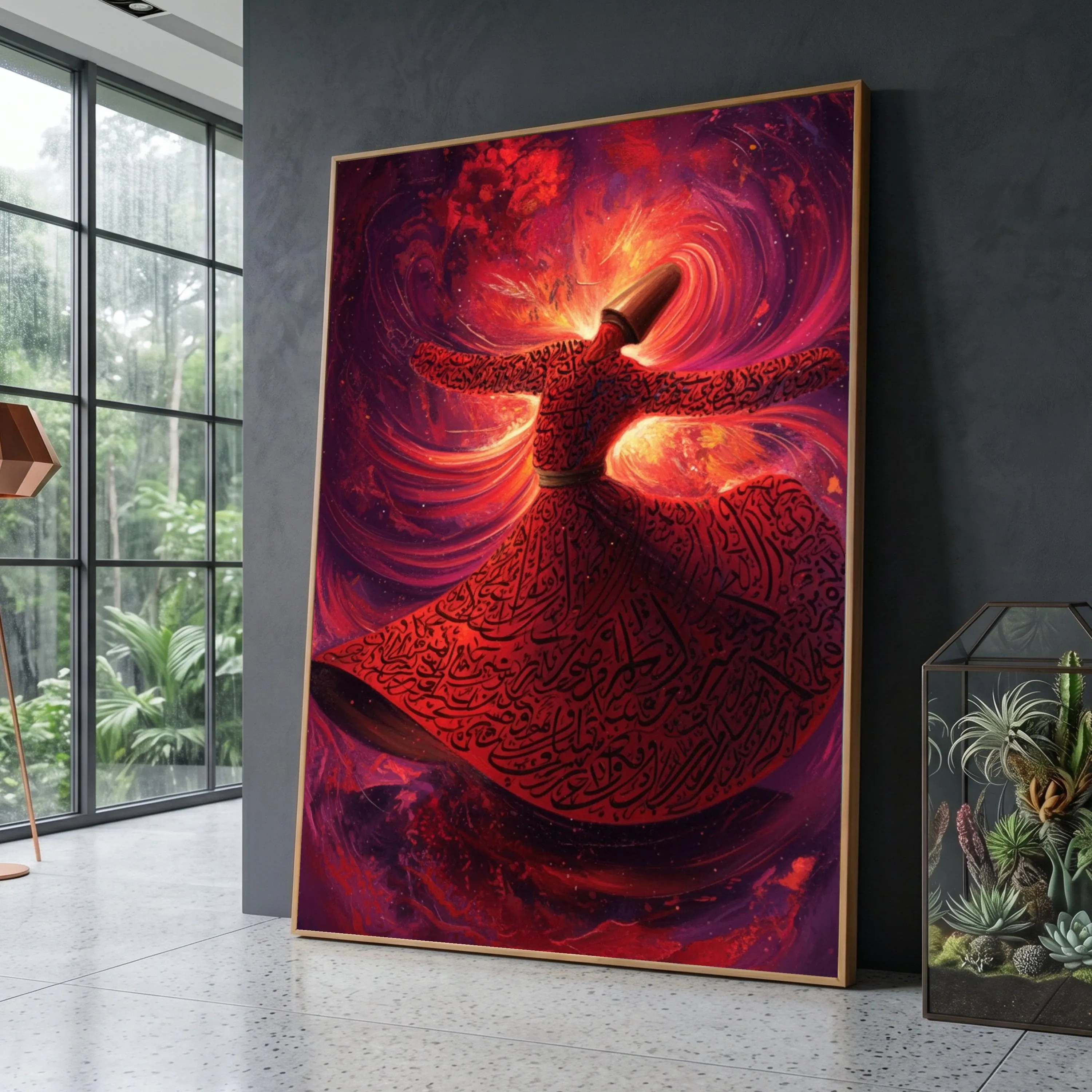 Sufi Whirling Dervish Dance Canvas Art, Red Spiritual Swirl Mystical Movement Decor