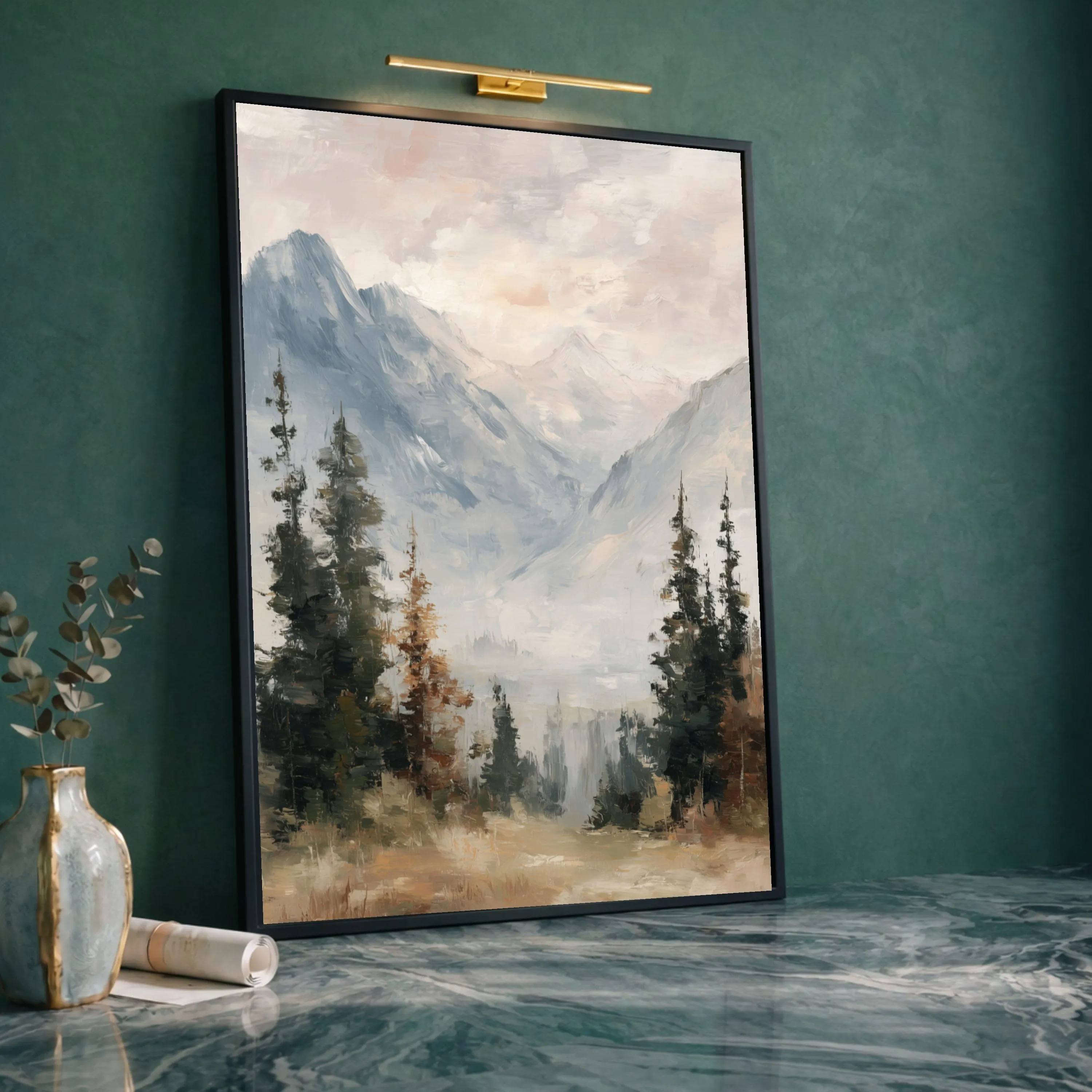 Misty Mountain Landscape Canvas, Pine Forest Wall Art, Serene Nature Scene, Pastel Colors