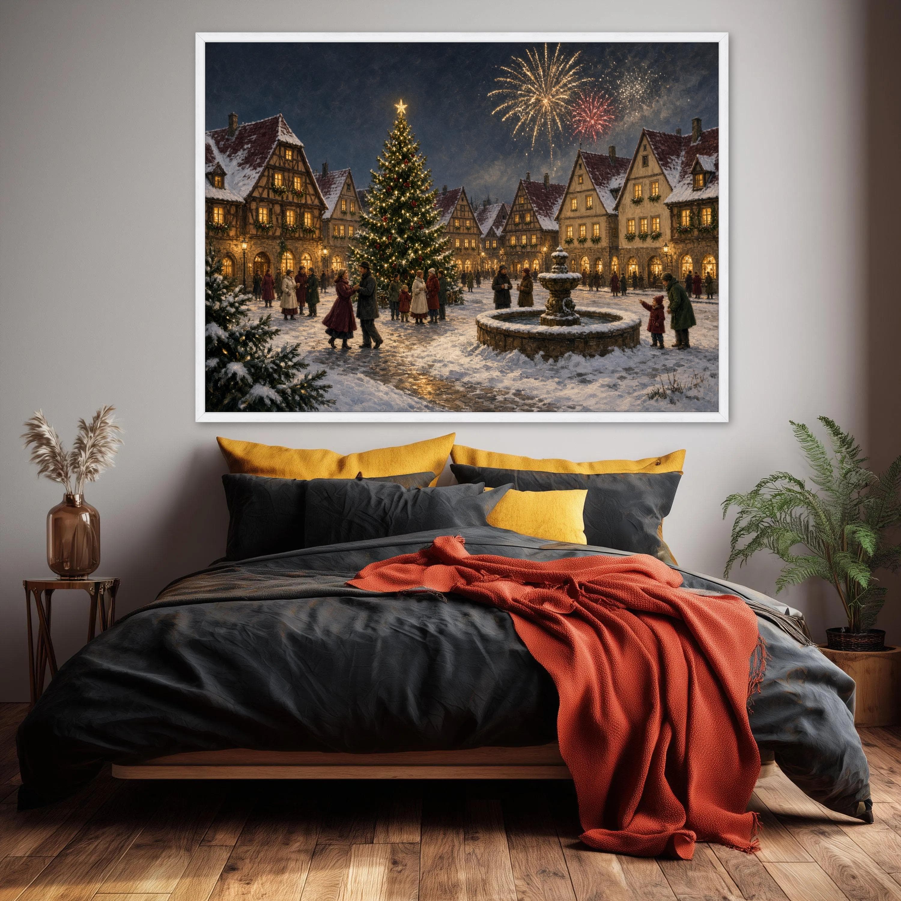 Charming Winter Village Canvas Print, Festive Christmas Scene with Snow, Tree, and Fireworks for Cozy Holiday Decor, winter village art - image 4