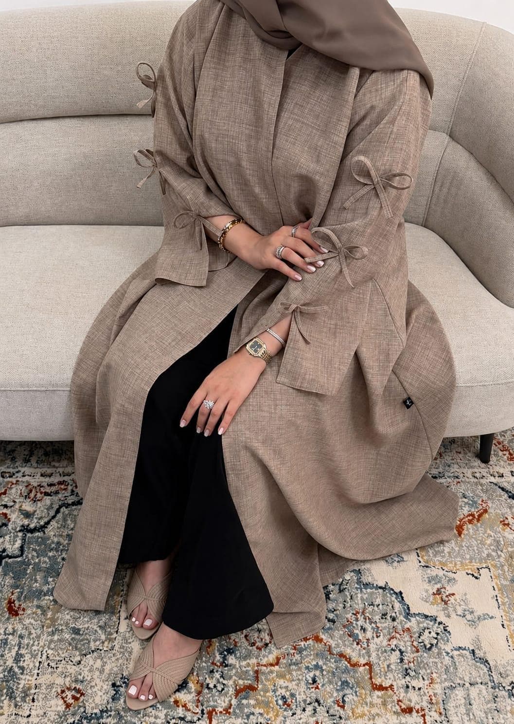 100% European Linen Bow Sleeve Abaya | Handmade Modest Dress, Luxury Kimono - image 4