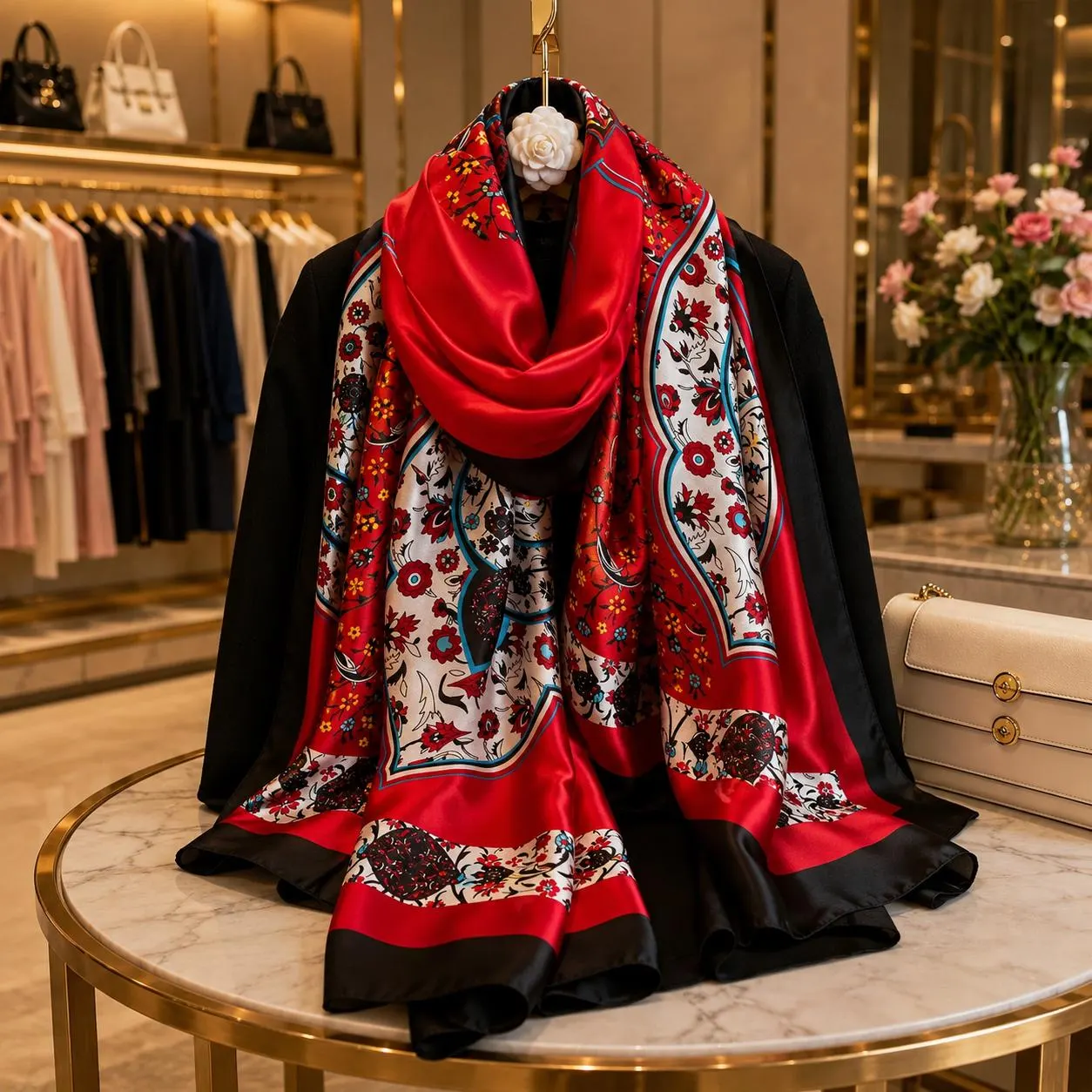 Women Silk Scarf 180x90cm Soft Satin Shawl Floral Wrap Hijab Fashion Beach Pareo Elegant Lady Scarf Gift