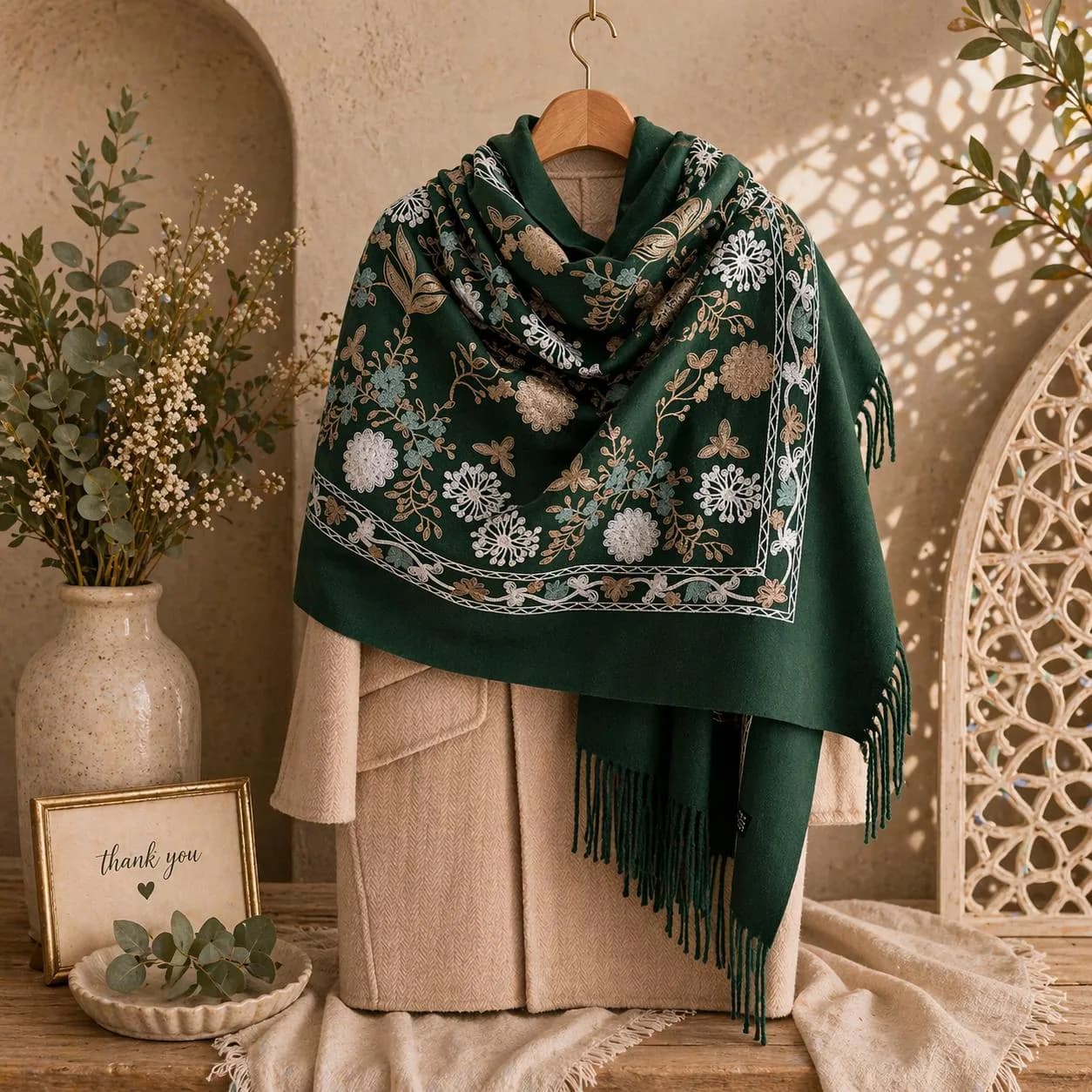 Embroidered Floral Pashmina Shawl, Elegant Winter Wrap, Soft Fringe Scarf, Evening Accessory