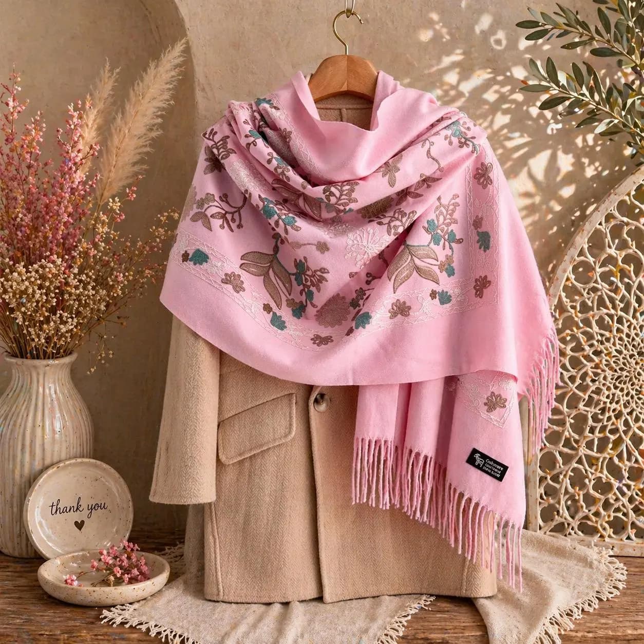 Embroidered Floral Pashmina Shawl, Elegant Winter Wrap, Soft Fringe Scarf, Evening Accessory - image 2