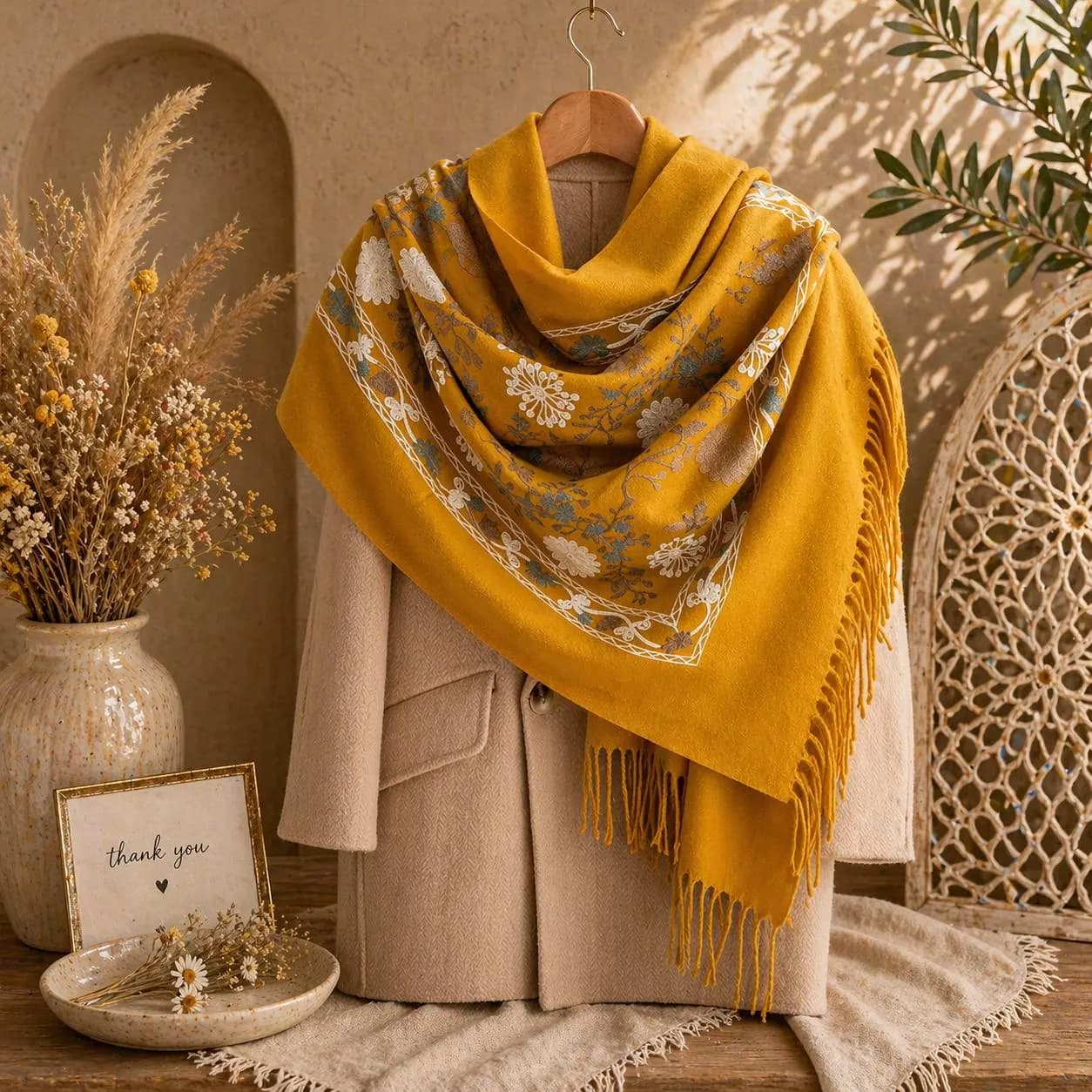 Embroidered Floral Pashmina Shawl, Elegant Winter Wrap, Soft Fringe Scarf, Evening Accessory - image 4