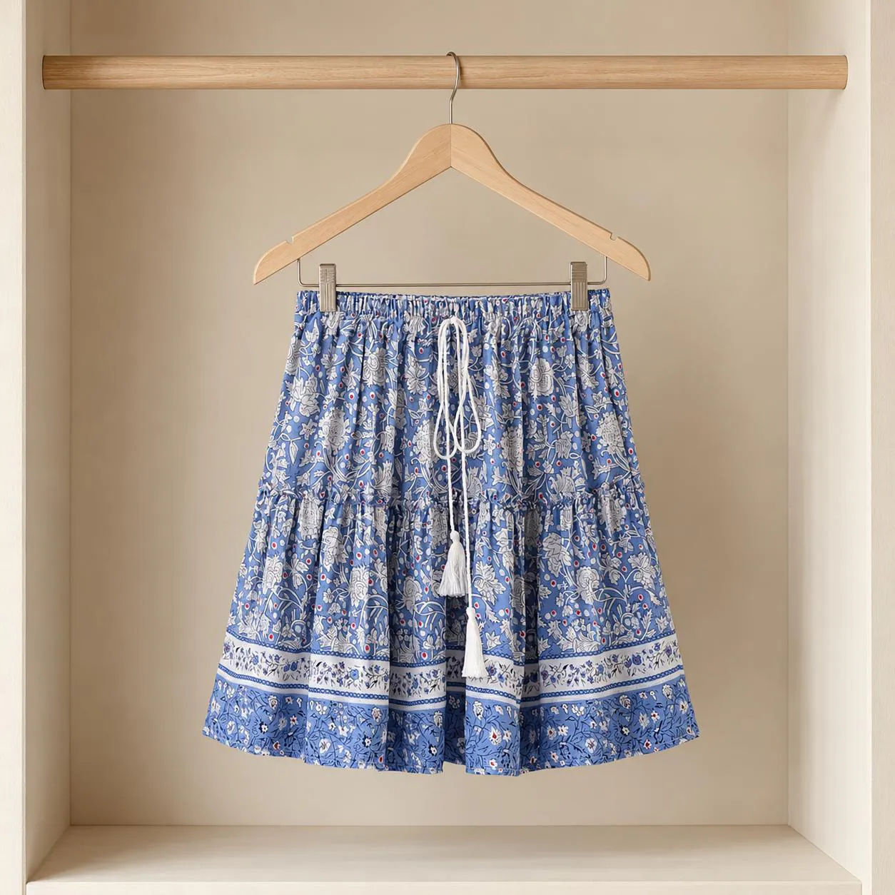 Boho Floral Mini Skirt for Women – Rayon Ruffle Tassel Skirt, Summer Beach Outfit, Porcelain Print Bohemian Short Skirt Gift for Her