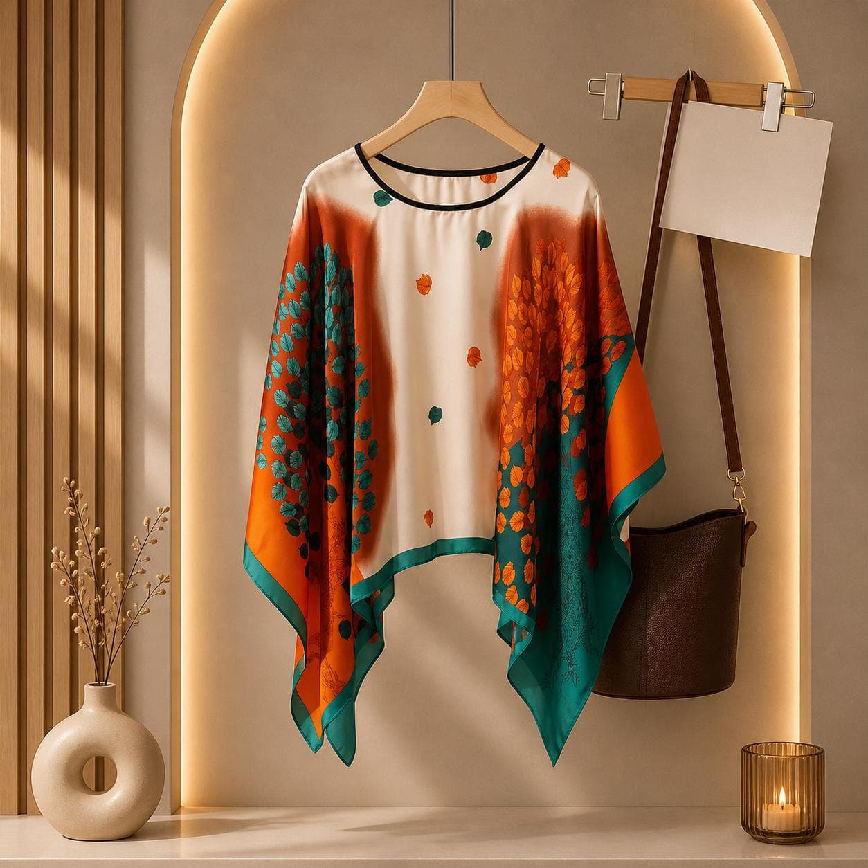 Elegant Silk Feel Medium Scarf for Women – Floral Orange & Green Lightweight Fashion Wrap Shawl - image 3