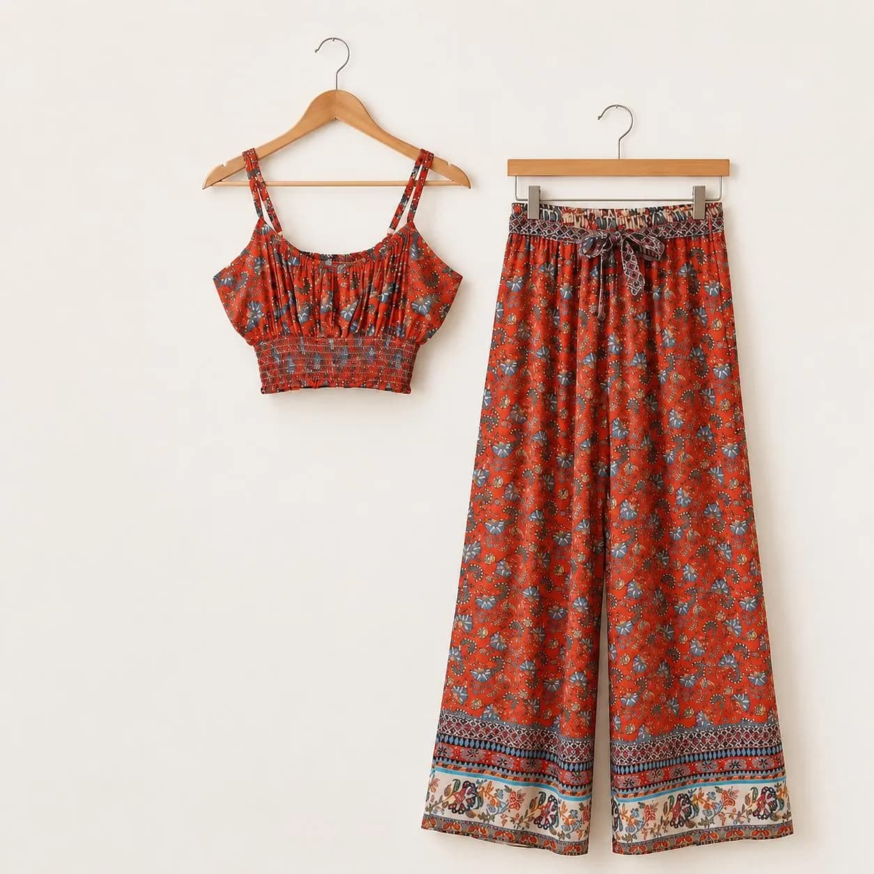 Boho Red Floral Co Ord Set for Women, Smocked Crop Top & Wide Leg Palazzo Pants, Festival Vacation Summer Outfit - image 3
