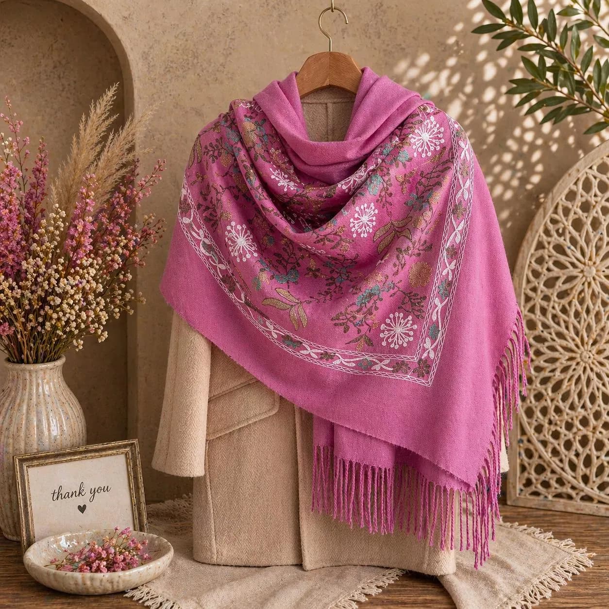 Embroidered Floral Pashmina Shawl, Elegant Winter Wrap, Soft Fringe Scarf, Evening Accessory - image 3
