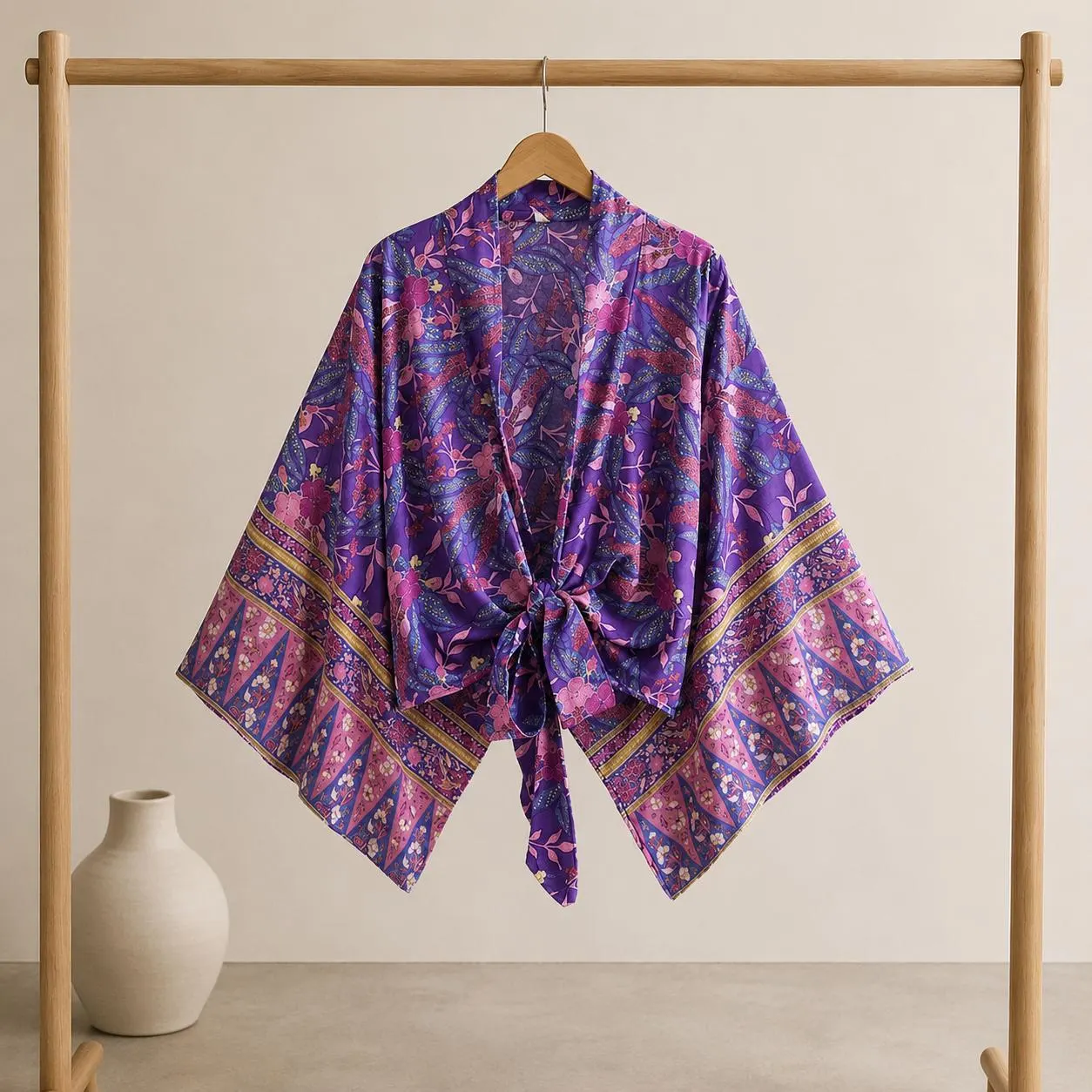 Purple Floral Kimono Set for Women, Boho Lounge Co Ord Set, Wide Leg Pants and Tie Front Top, Rayon Cotton Summer Vacation Outfit - image 2