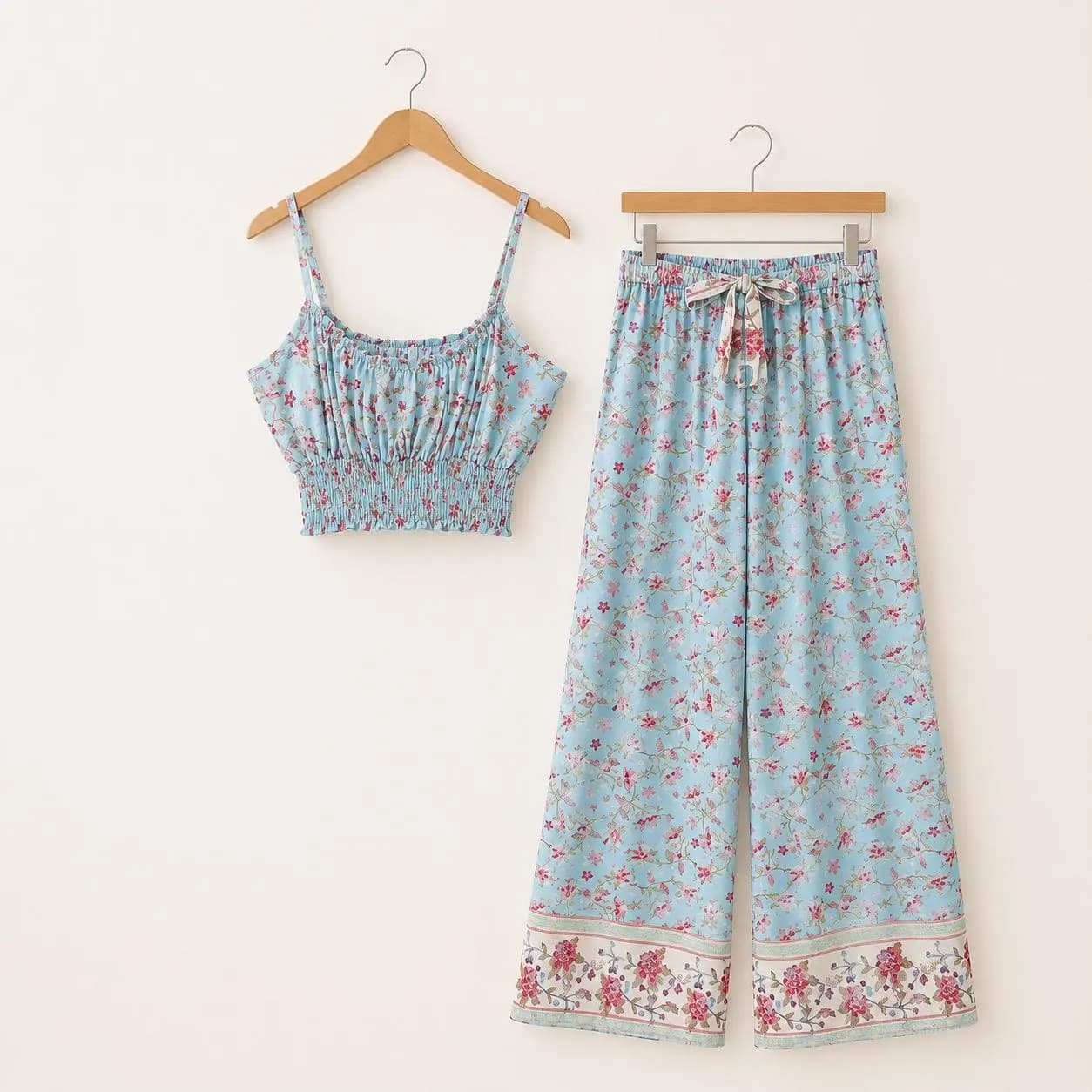 Boho Red Floral Co Ord Set for Women, Smocked Crop Top & Wide Leg Palazzo Pants, Festival Vacation Summer Outfit