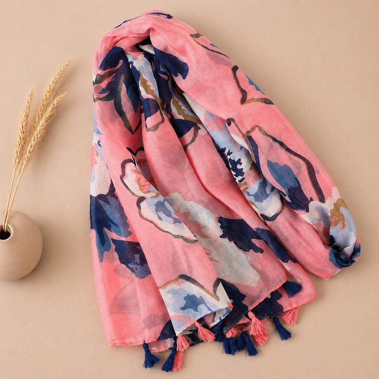 Pink Abstract Print Hijab Scarf with Tassels, Lightweight Chiffon Wrap, Soft Muslim Headscarf, Summer Fashion Shawl Gift for Women - image 2