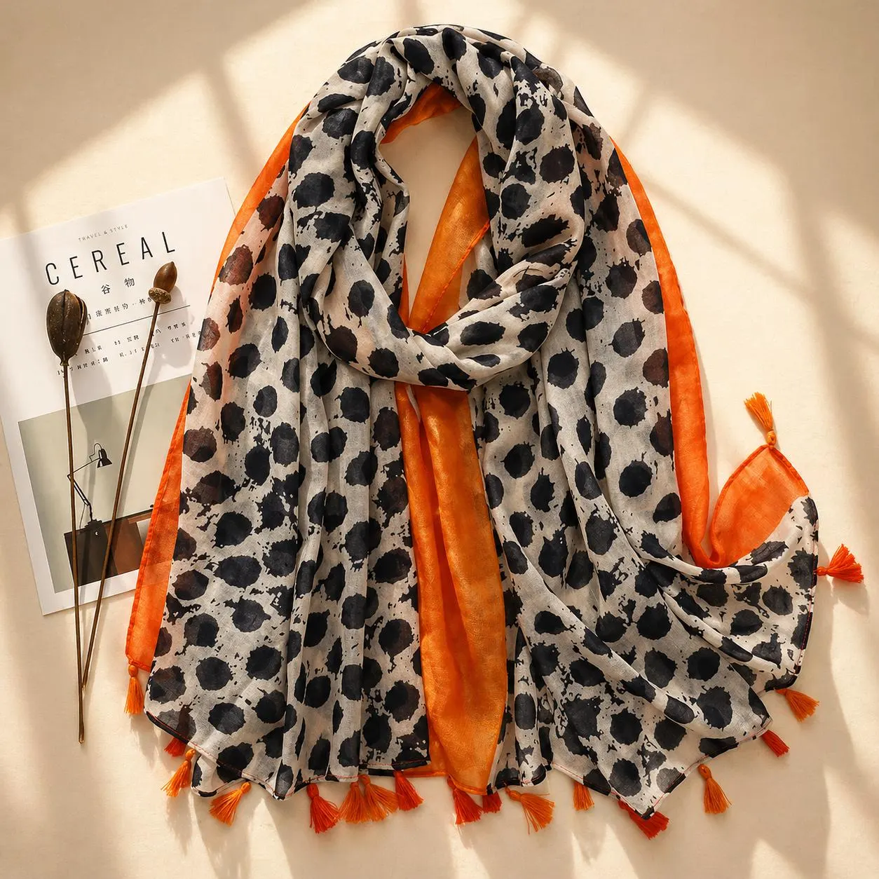 Leopard Print Chiffon Hijab Scarf with Tassels – Lightweight Summer Shawl, Orange Border Wrap, Muslim Headscarf, Fashion Beach Scarf - image 3