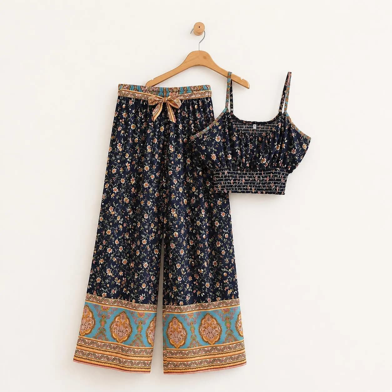 Boho Red Floral Co Ord Set for Women, Smocked Crop Top & Wide Leg Palazzo Pants, Festival Vacation Summer Outfit - image 2