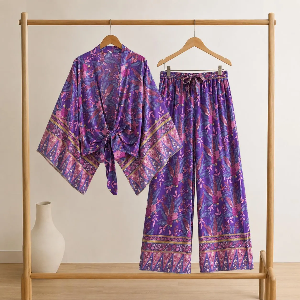 Purple Floral Kimono Set for Women, Boho Lounge Co Ord Set, Wide Leg Pants and Tie Front Top, Rayon Cotton Summer Vacation Outfit